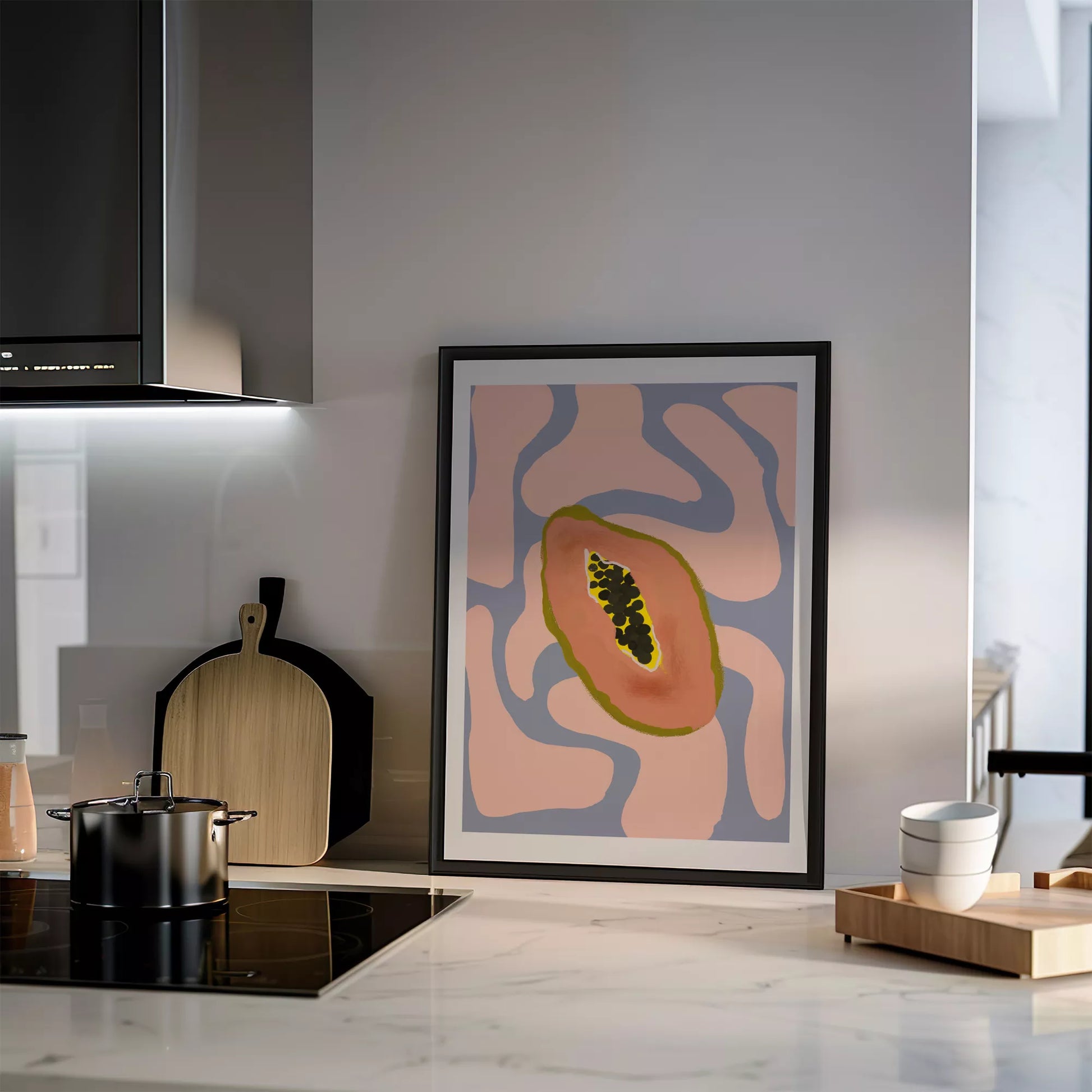 パステルカラーの背景にパパイヤのミニマルアートイラスト