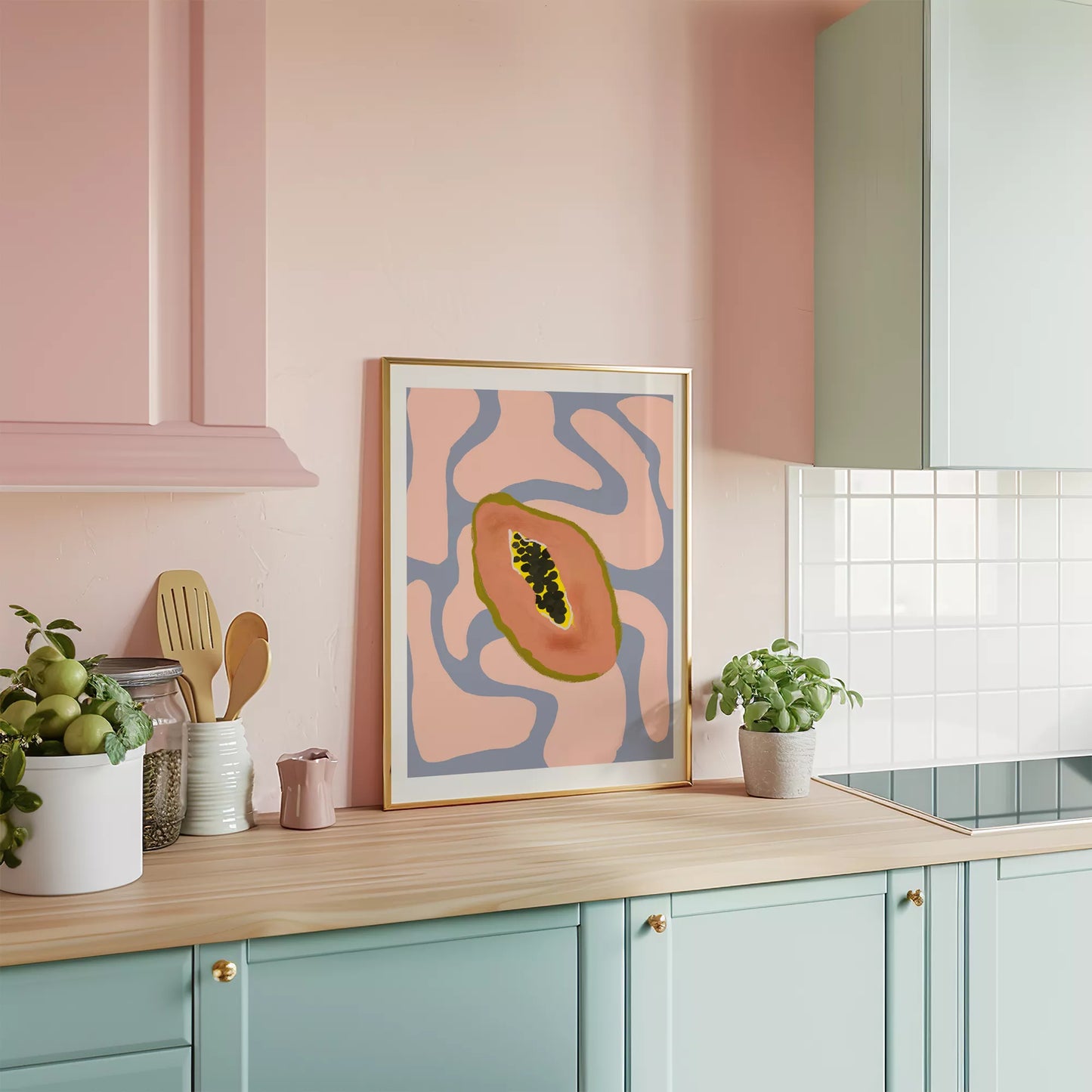 パステルカラーの背景にパパイヤのミニマルアートイラスト