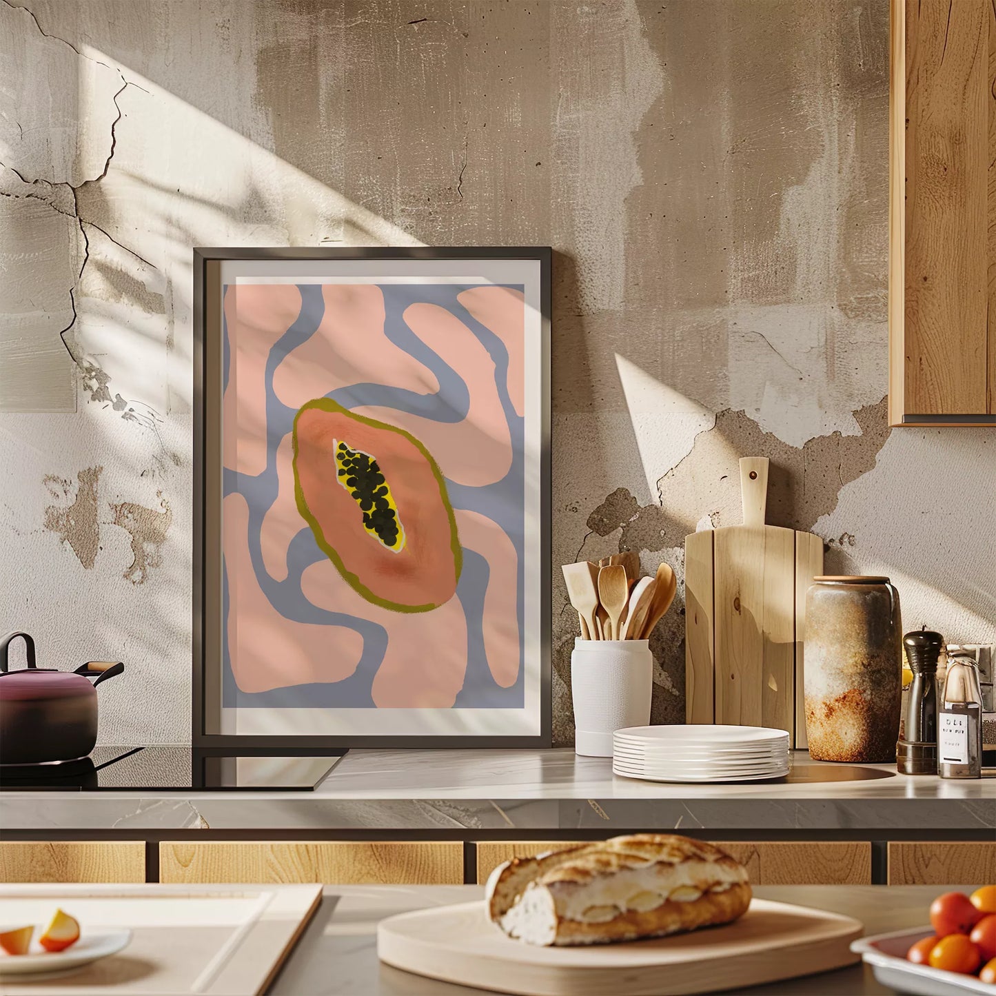 パステルカラーの背景にパパイヤのミニマルアートイラスト