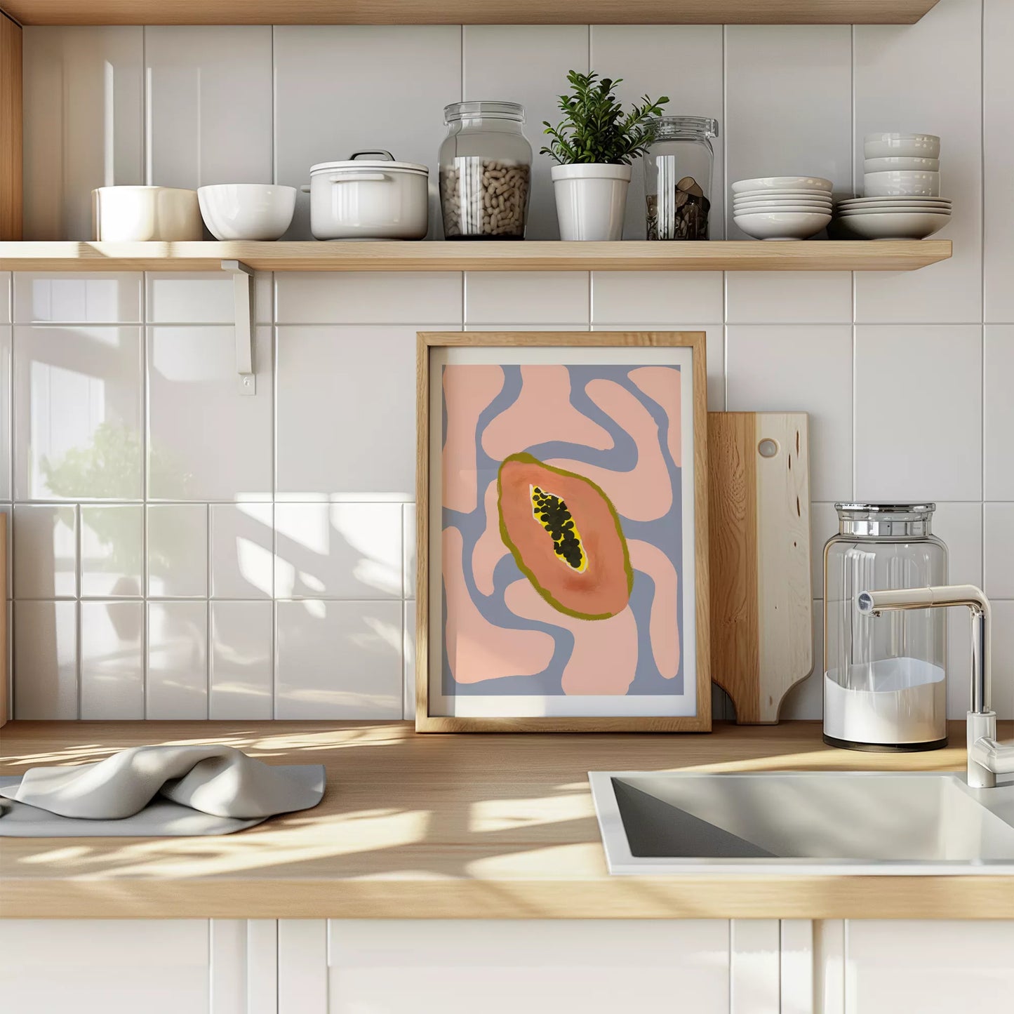 パステルカラーの背景にパパイヤのミニマルアートイラスト