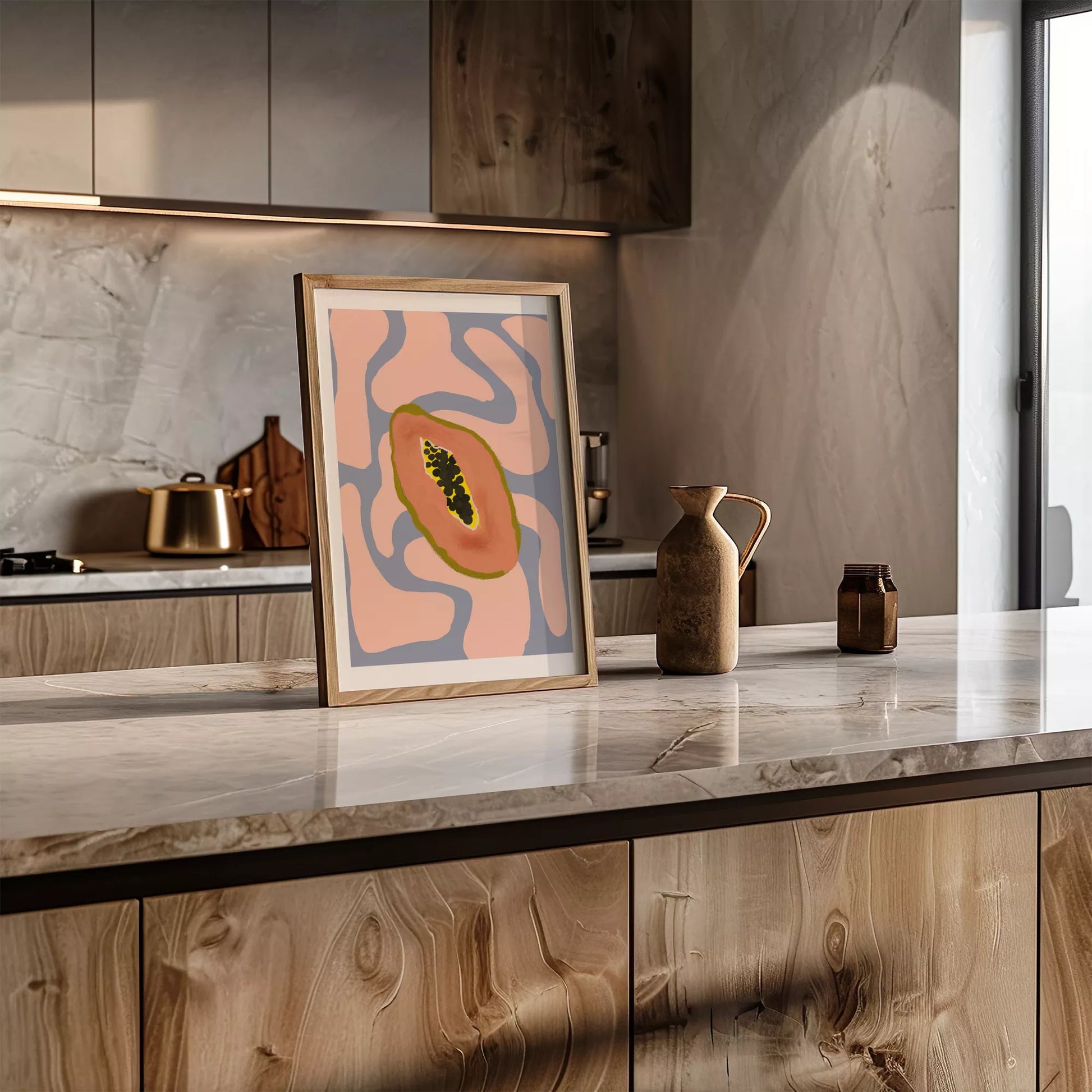 パステルカラーの背景にパパイヤのミニマルアートイラスト