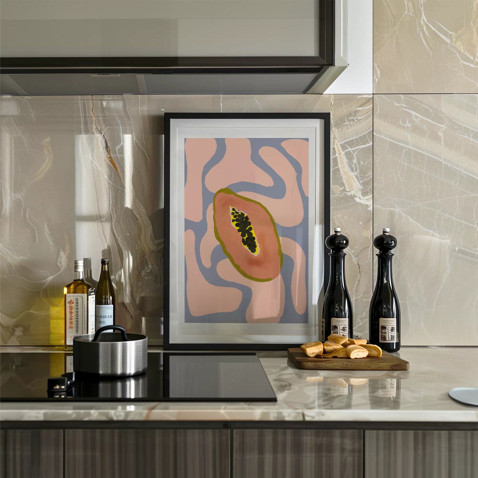 パステルカラーの背景にパパイヤのミニマルアートイラスト