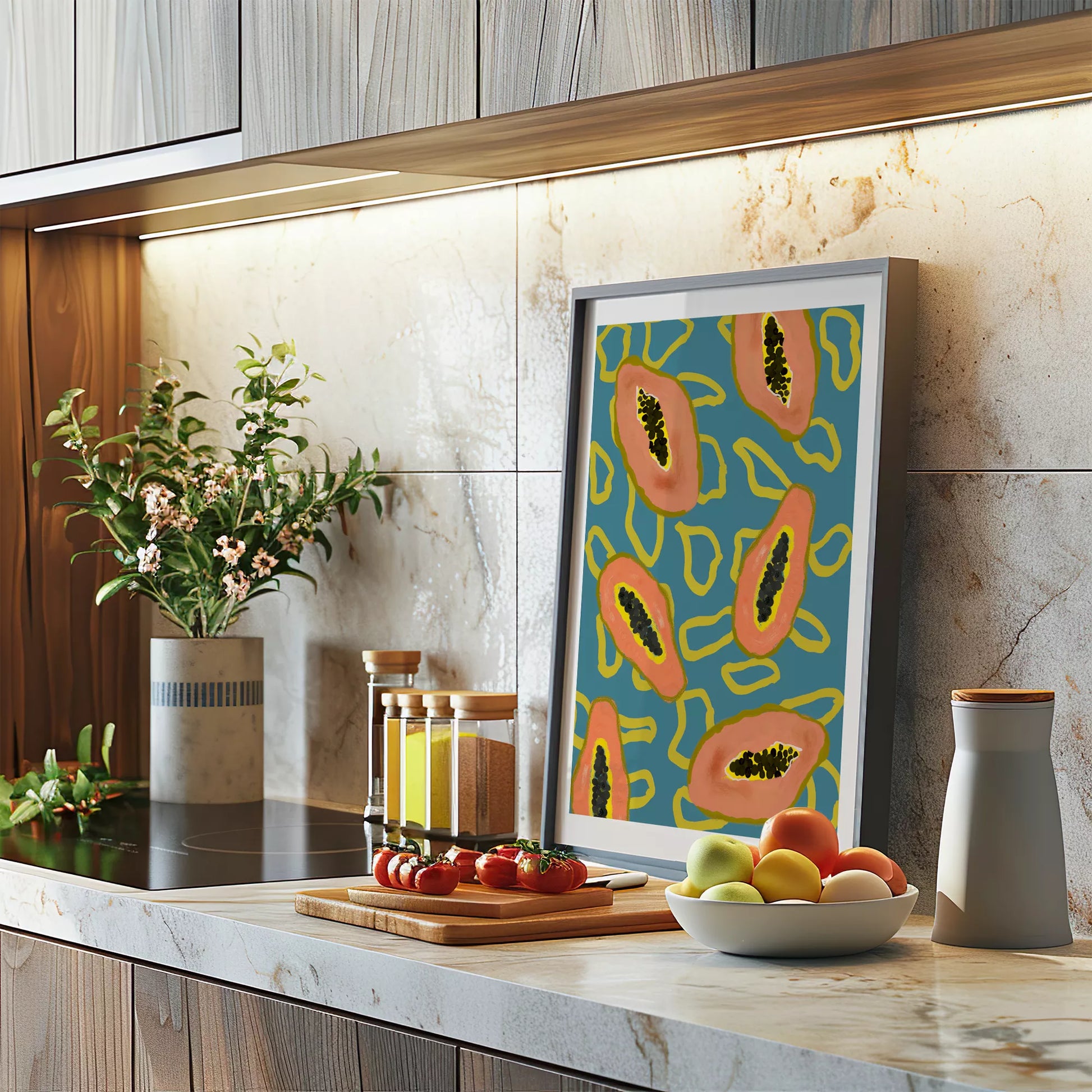 ターコイズブルーの背景にパパイヤのモダンアートパターン