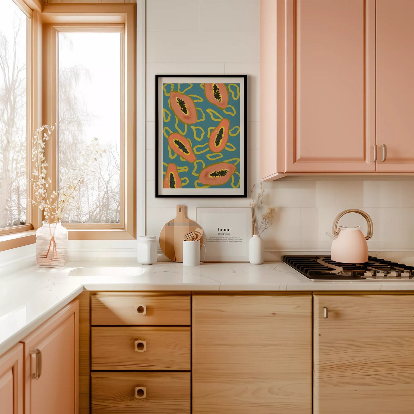 ターコイズブルーの背景にパパイヤのモダンアートパターン