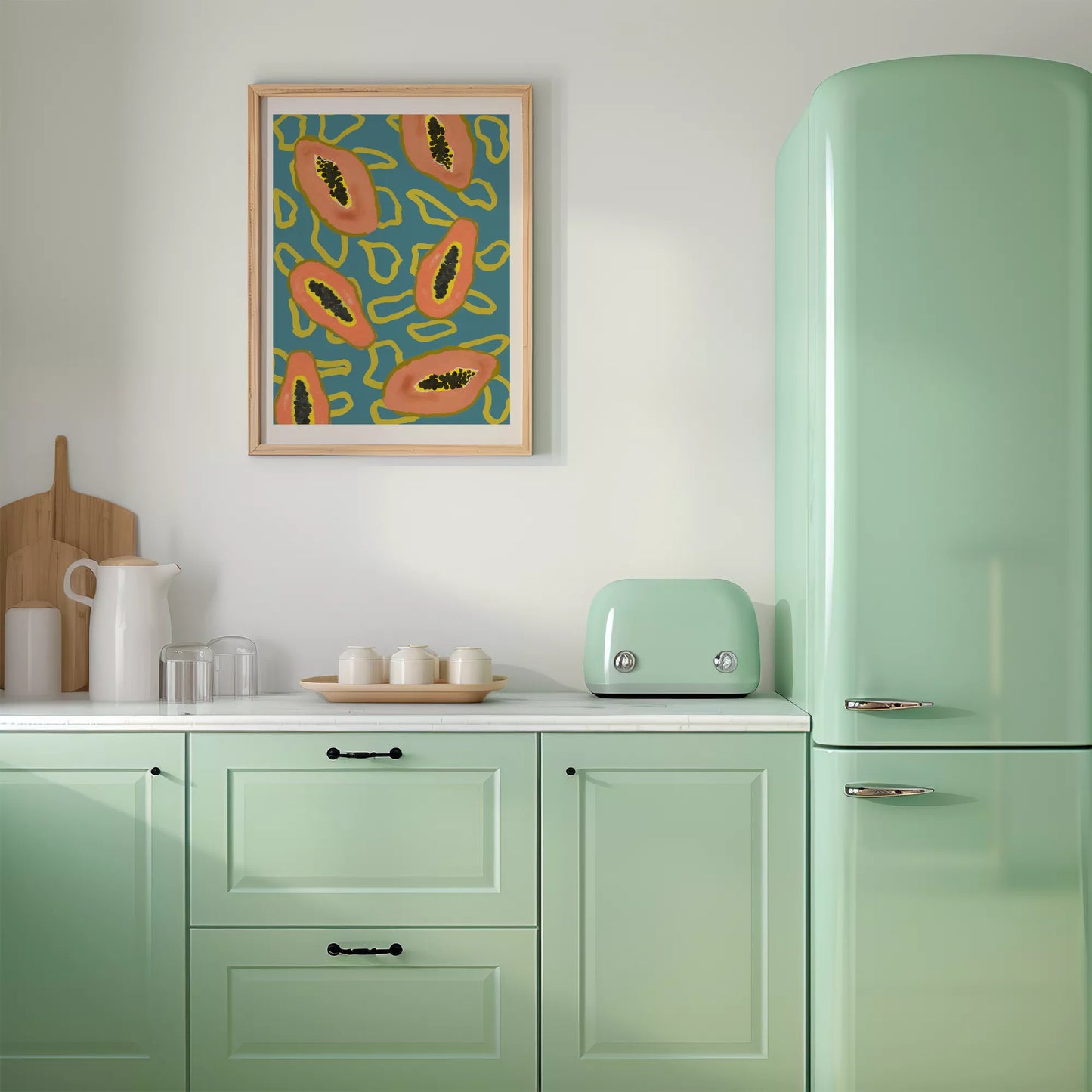 ターコイズブルーの背景にパパイヤのモダンアートパターン