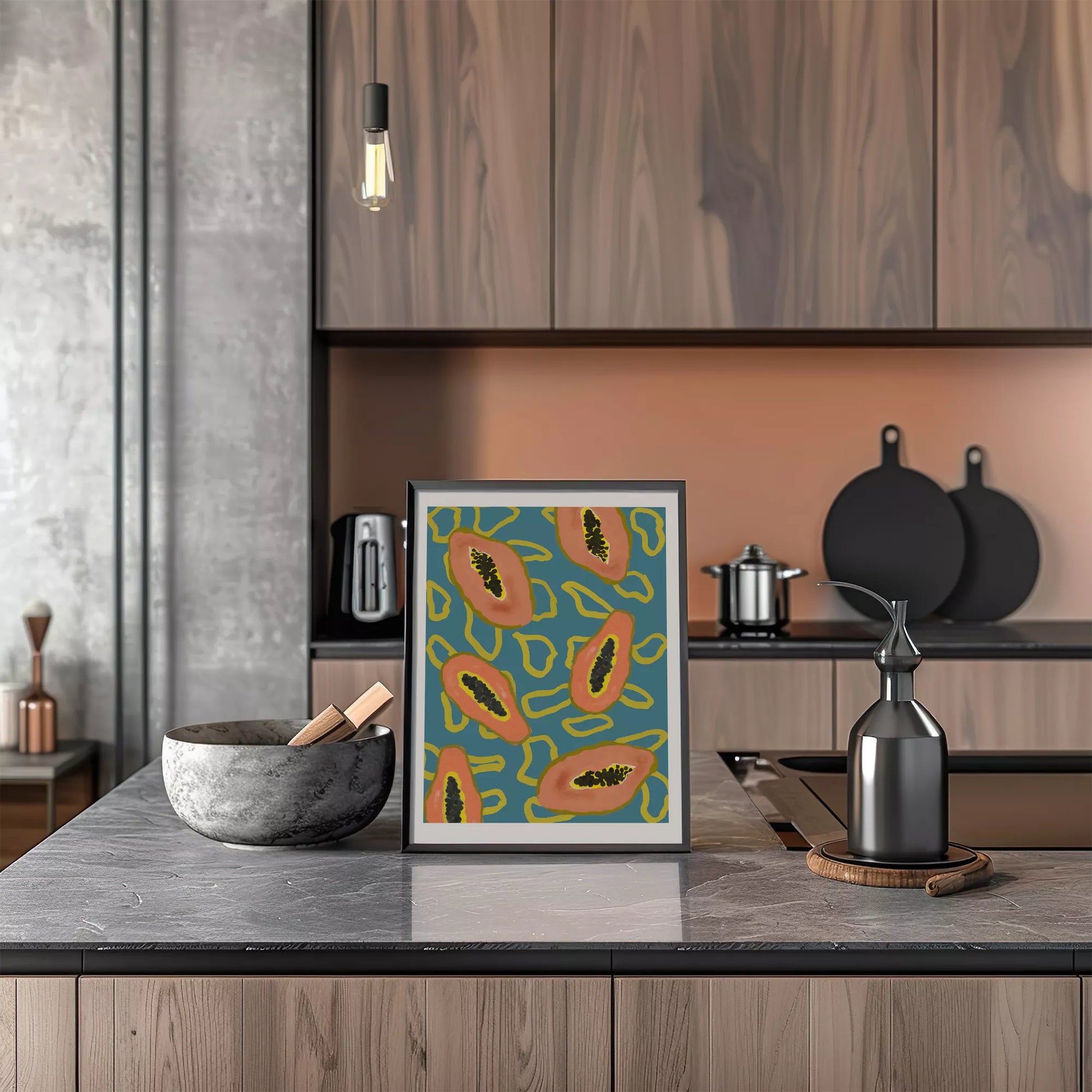 ターコイズブルーの背景にパパイヤのモダンアートパターン