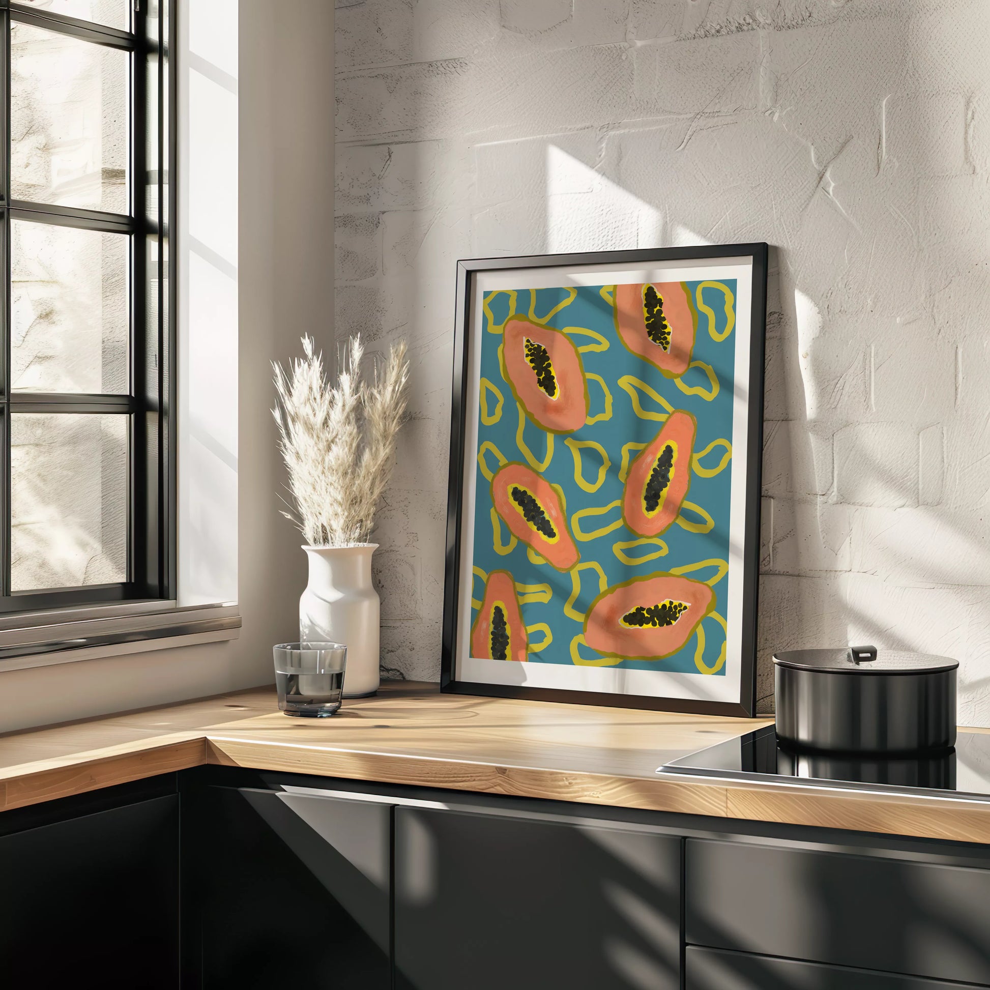 ターコイズブルーの背景にパパイヤのモダンアートパターン