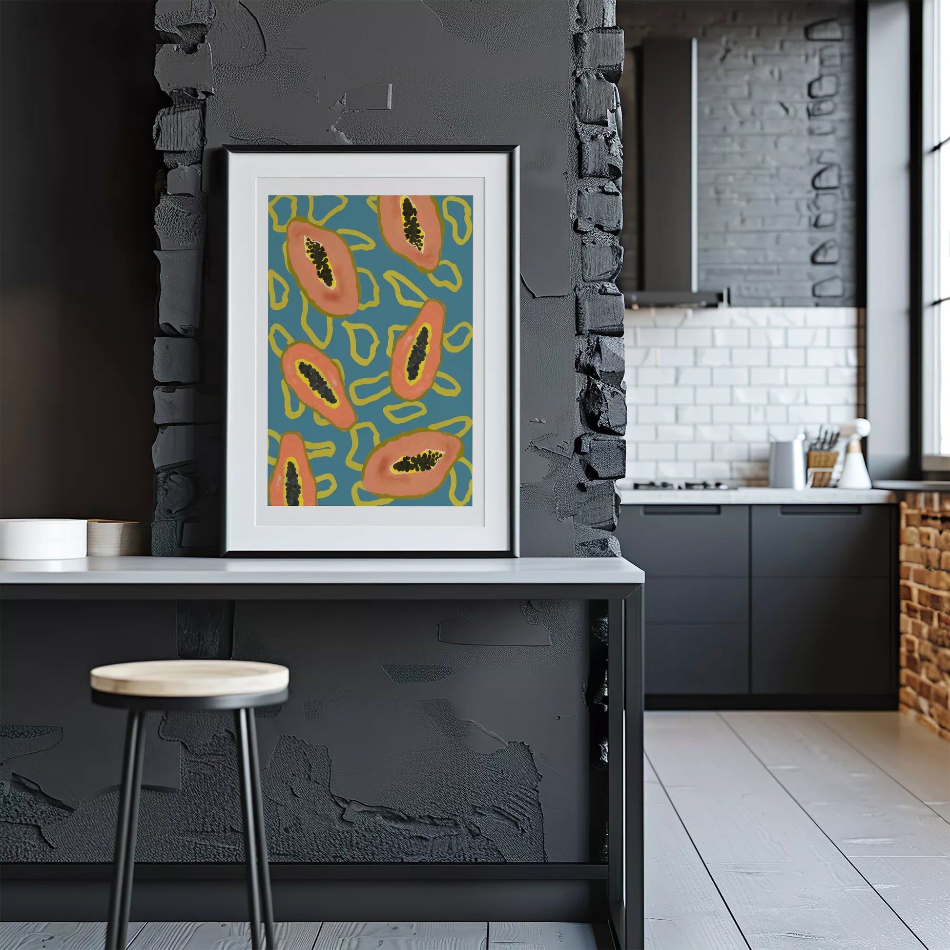 ターコイズブルーの背景にパパイヤのモダンアートパターン