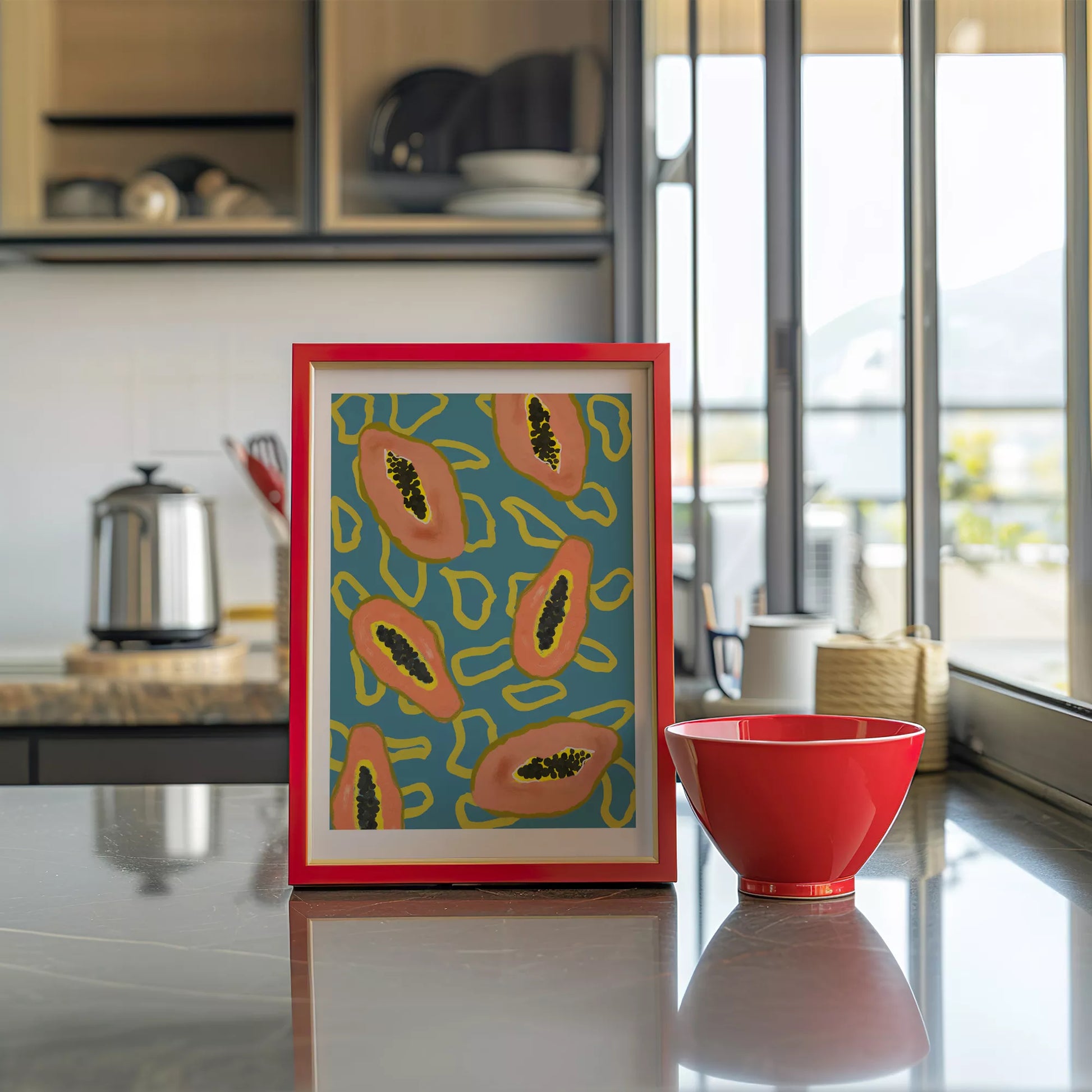 ターコイズブルーの背景にパパイヤのモダンアートパターン