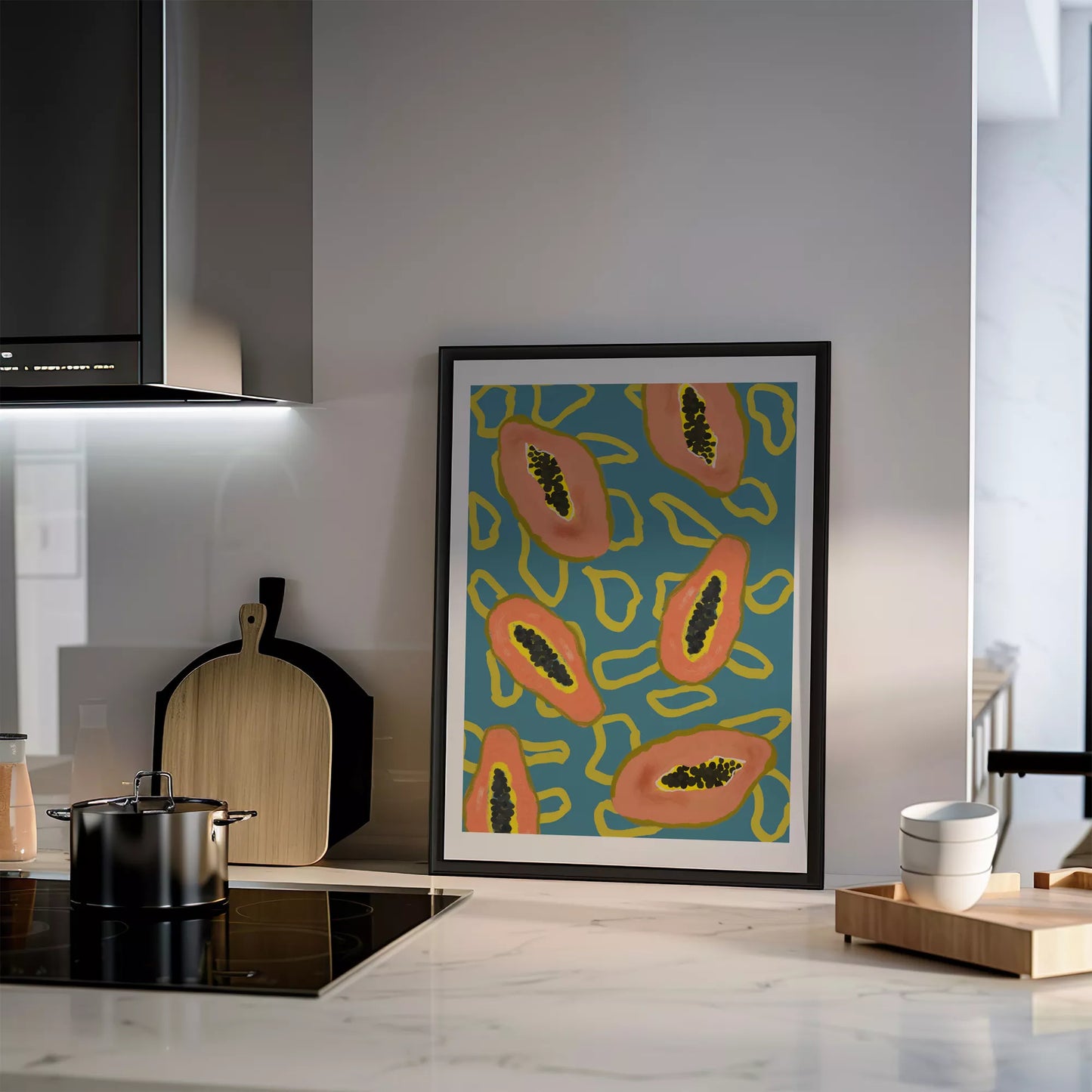 ターコイズブルーの背景にパパイヤのモダンアートパターン