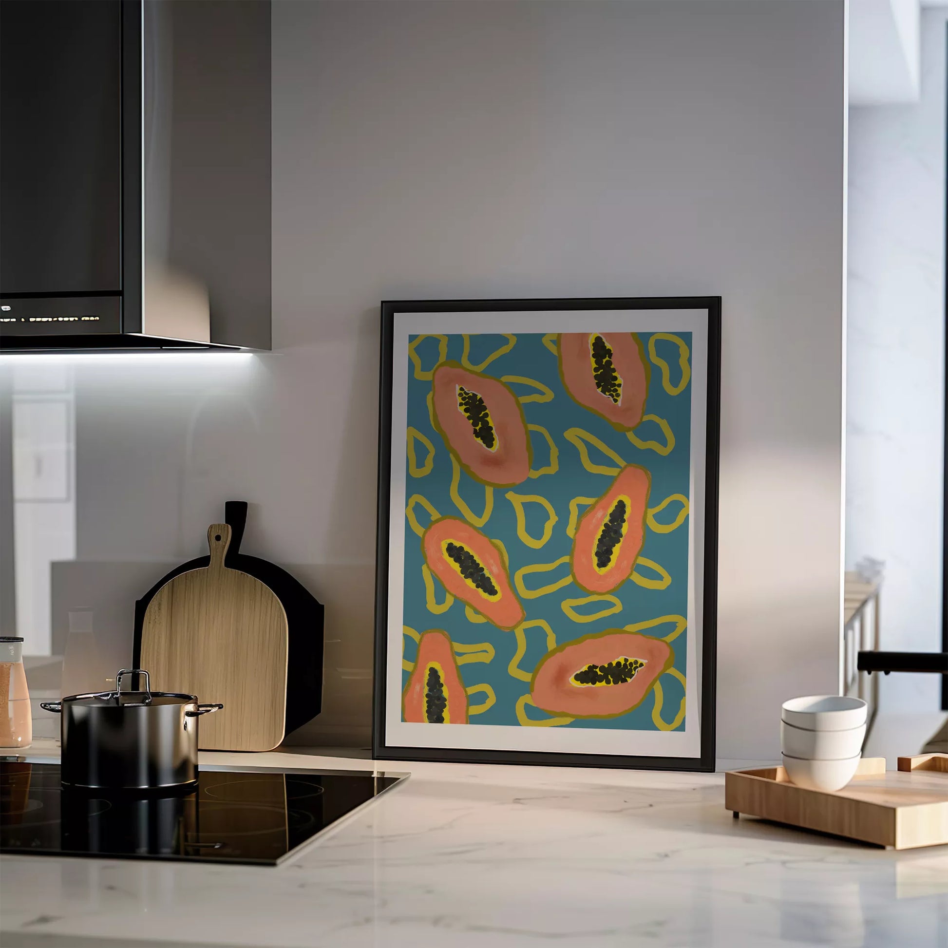 ターコイズブルーの背景にパパイヤのモダンアートパターン