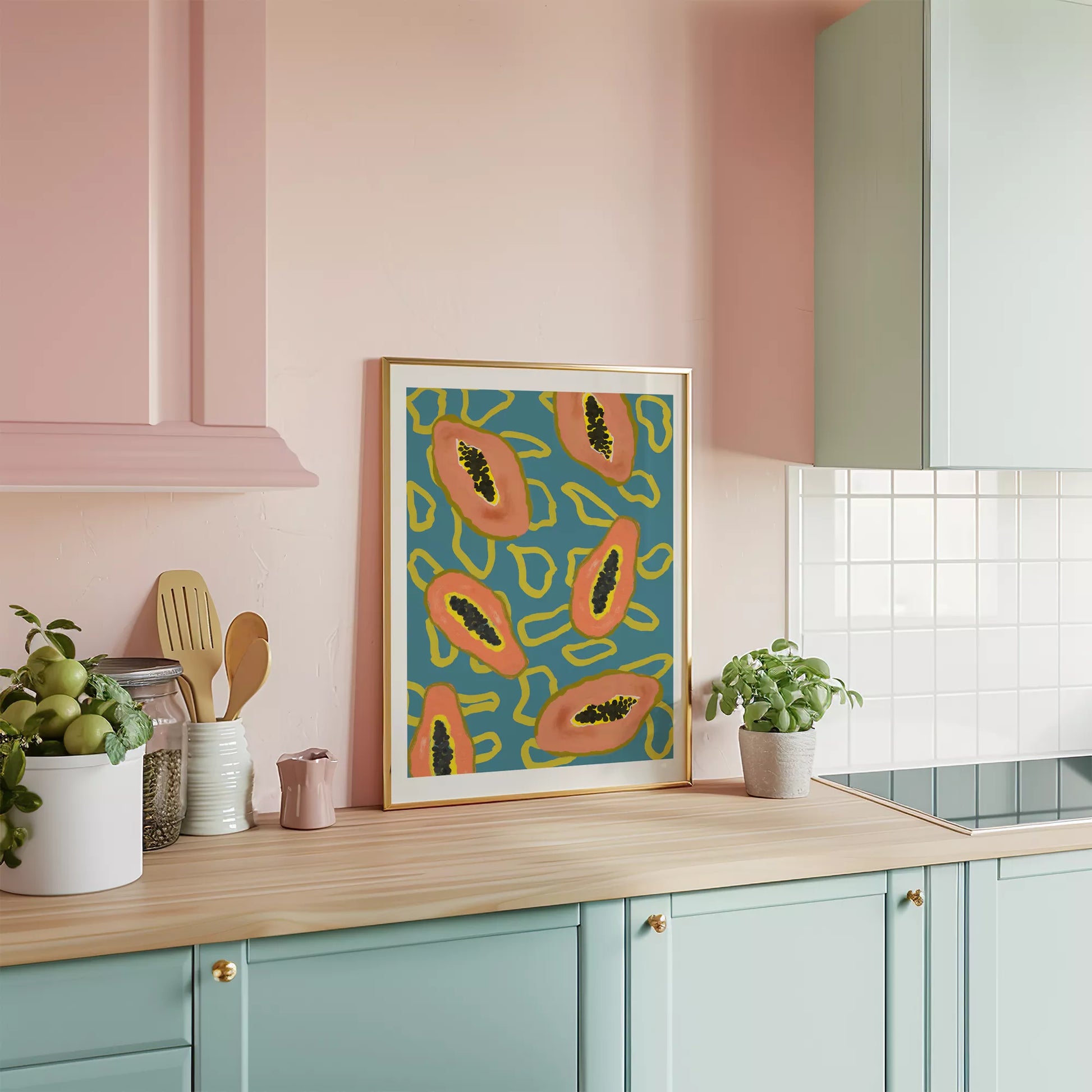 ターコイズブルーの背景にパパイヤのモダンアートパターン