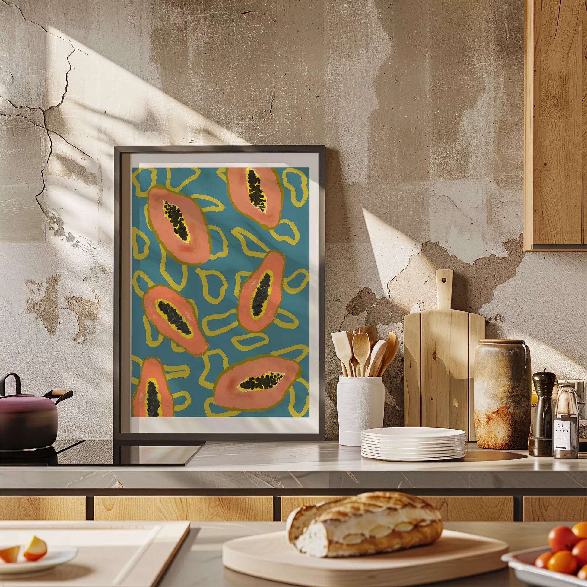 ターコイズブルーの背景にパパイヤのモダンアートパターン