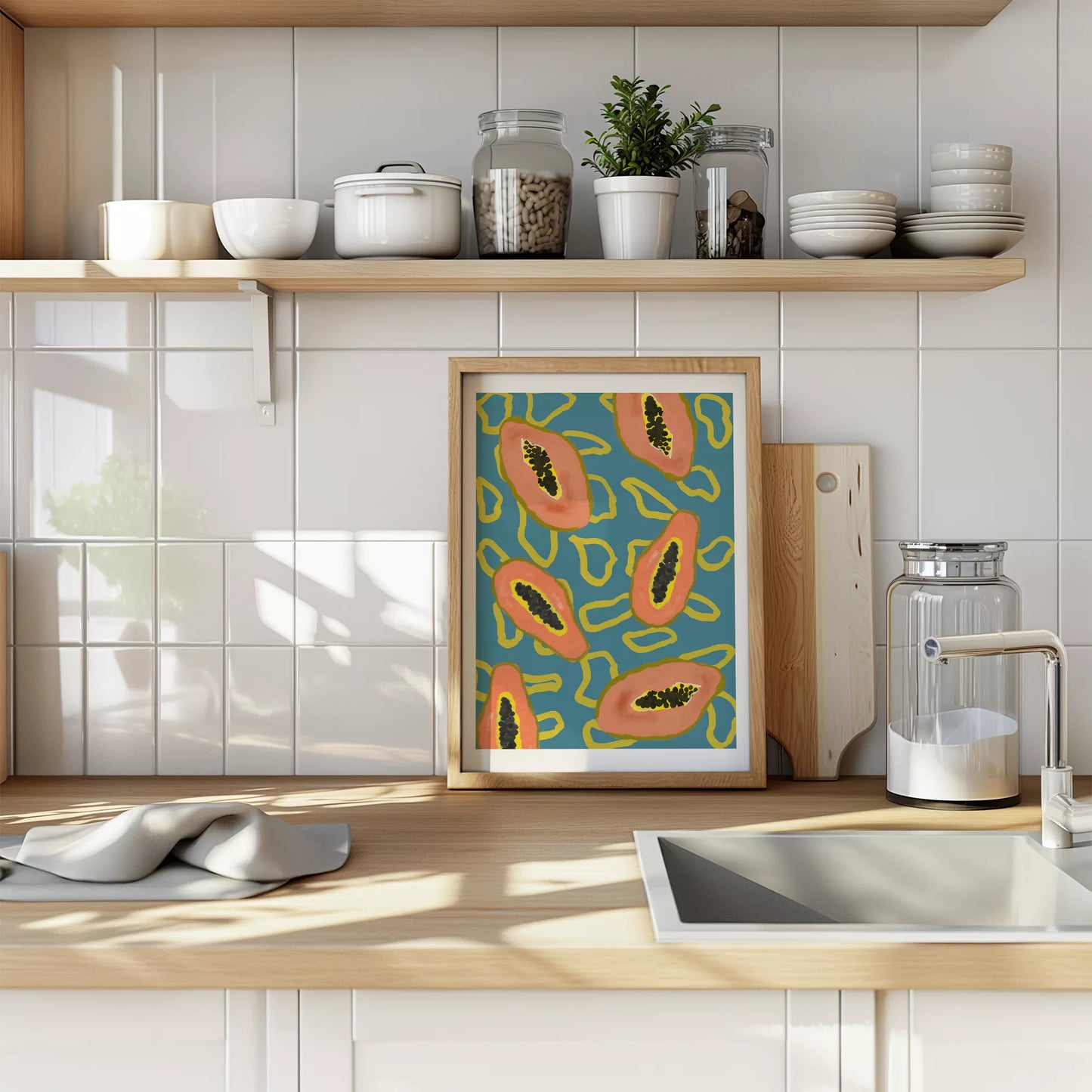 ターコイズブルーの背景にパパイヤのモダンアートパターン