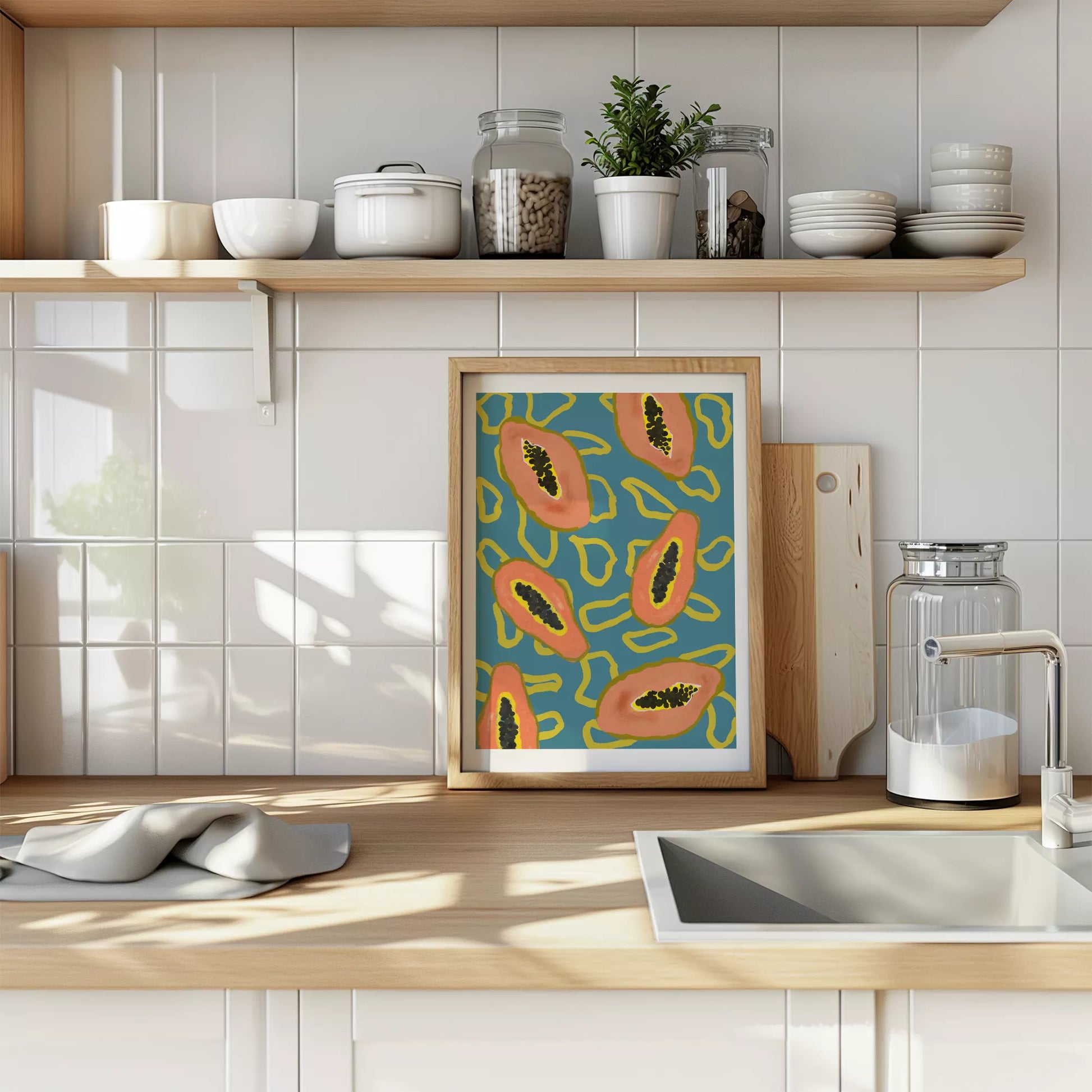 ターコイズブルーの背景にパパイヤのモダンアートパターン