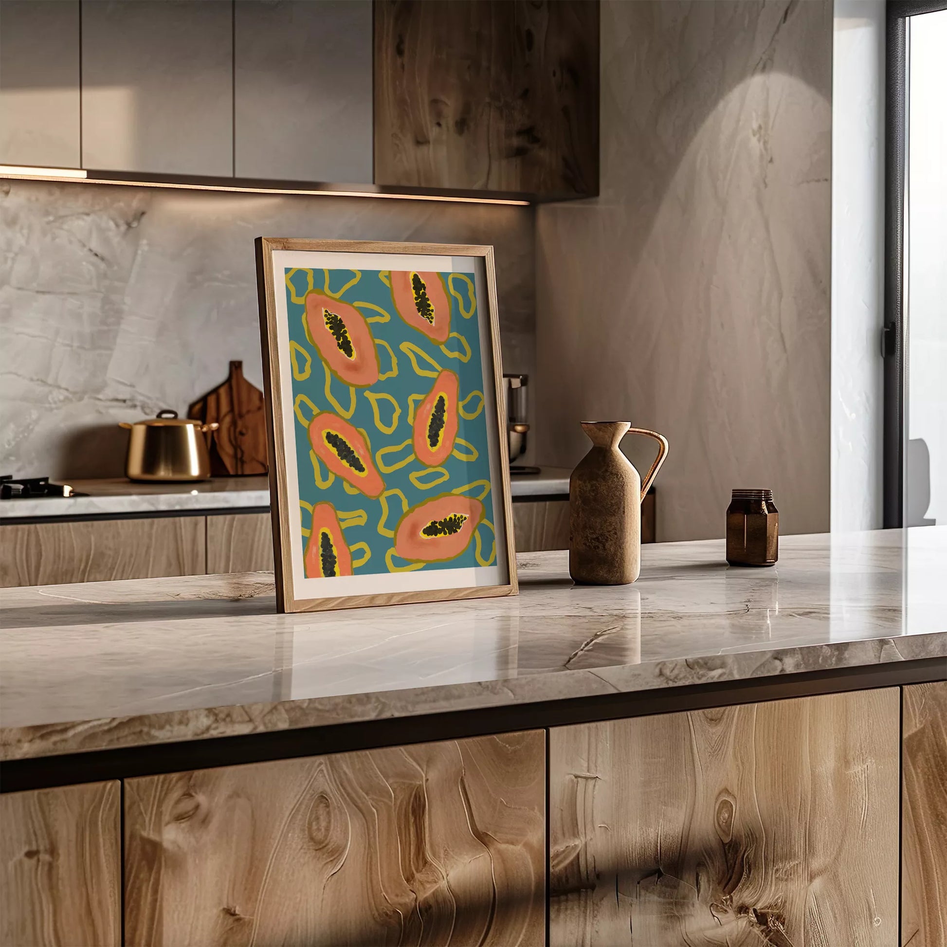 ターコイズブルーの背景にパパイヤのモダンアートパターン