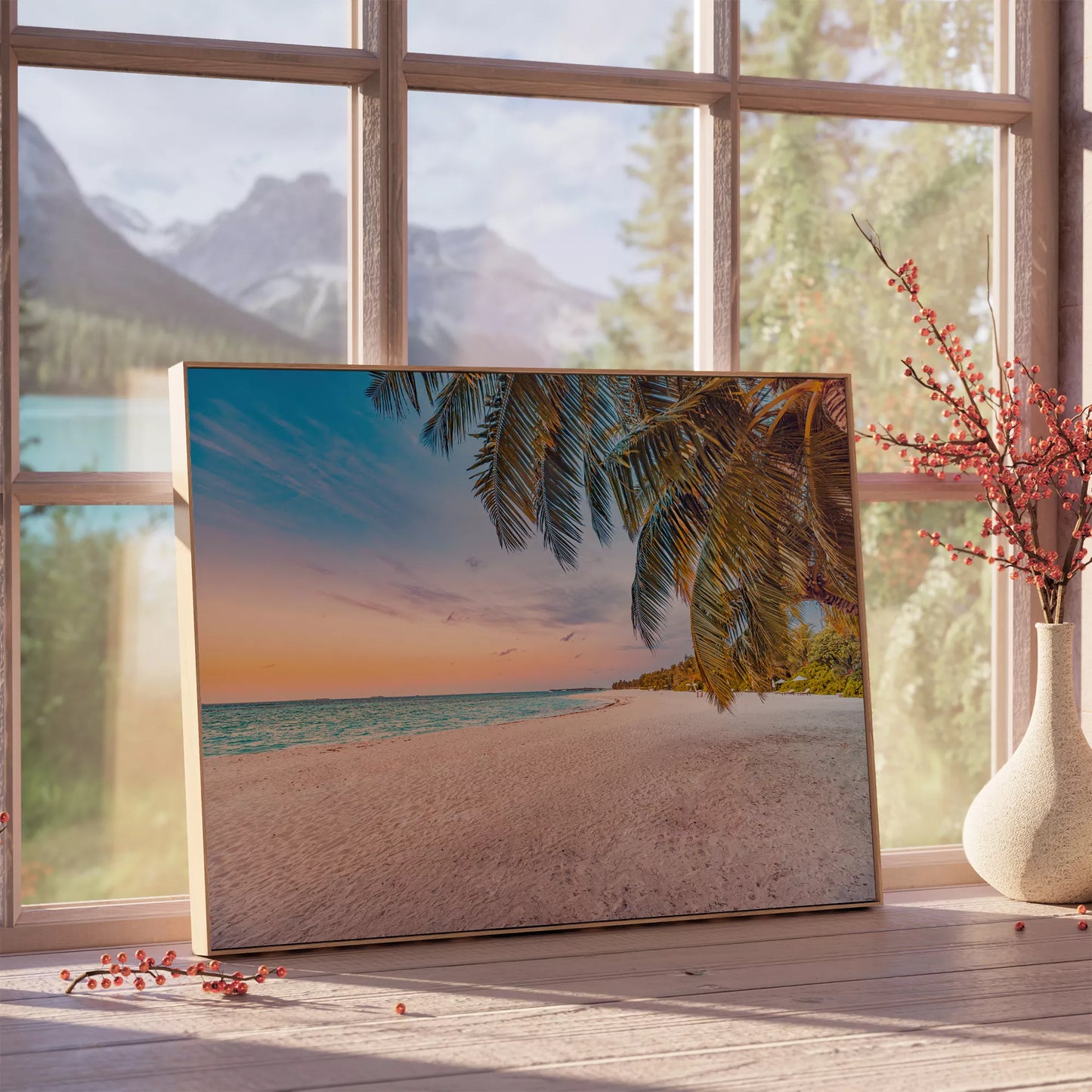 夕暮れのトロピカルビーチ、ヤシの木と青い海の絶景