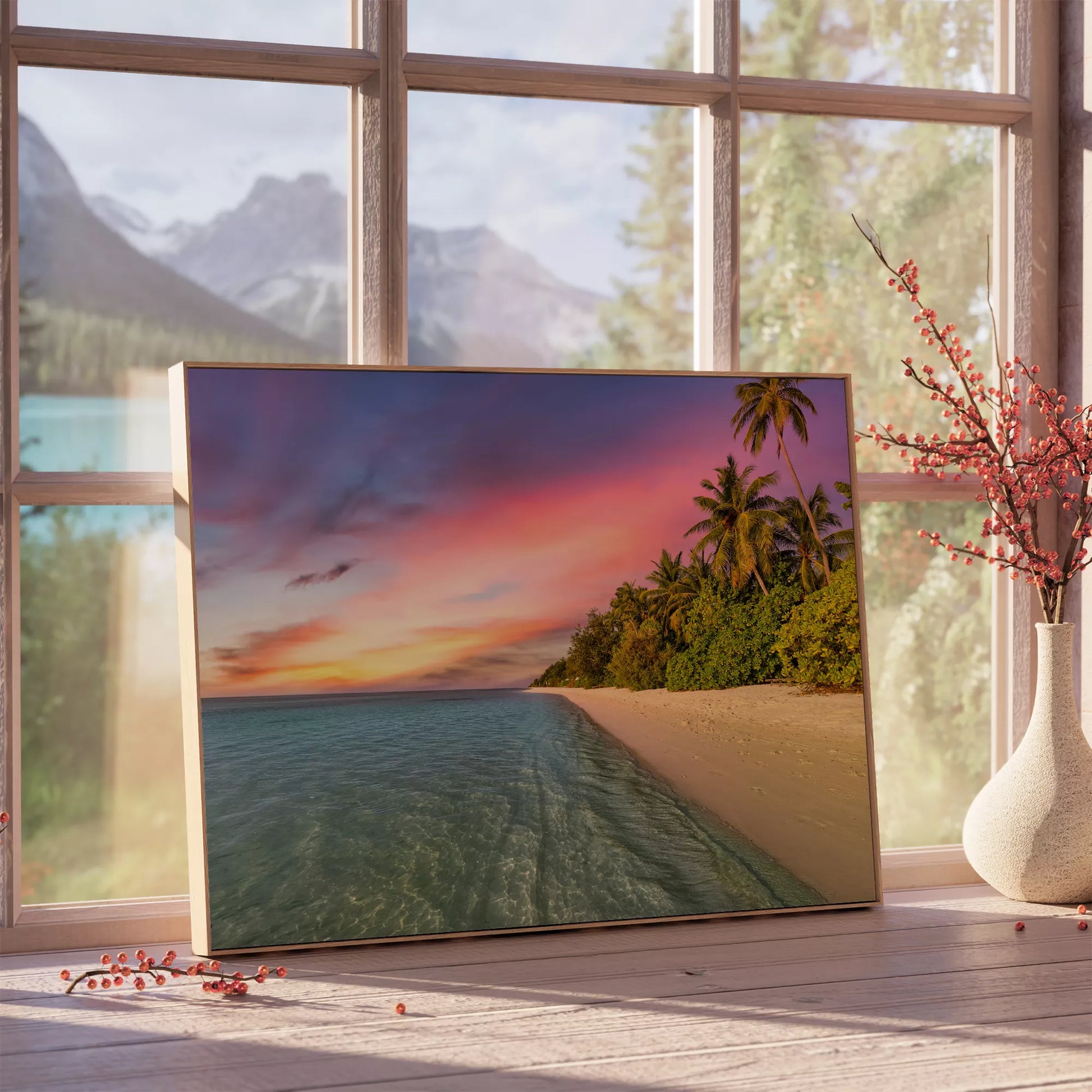 エメラルドグリーンの海と夕焼け空が織りなす南国ビーチの風景