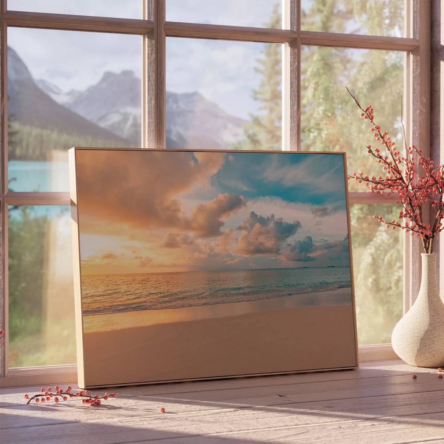 夕暮れの砂浜と穏やかな海、オレンジ色の空と青い海の風景