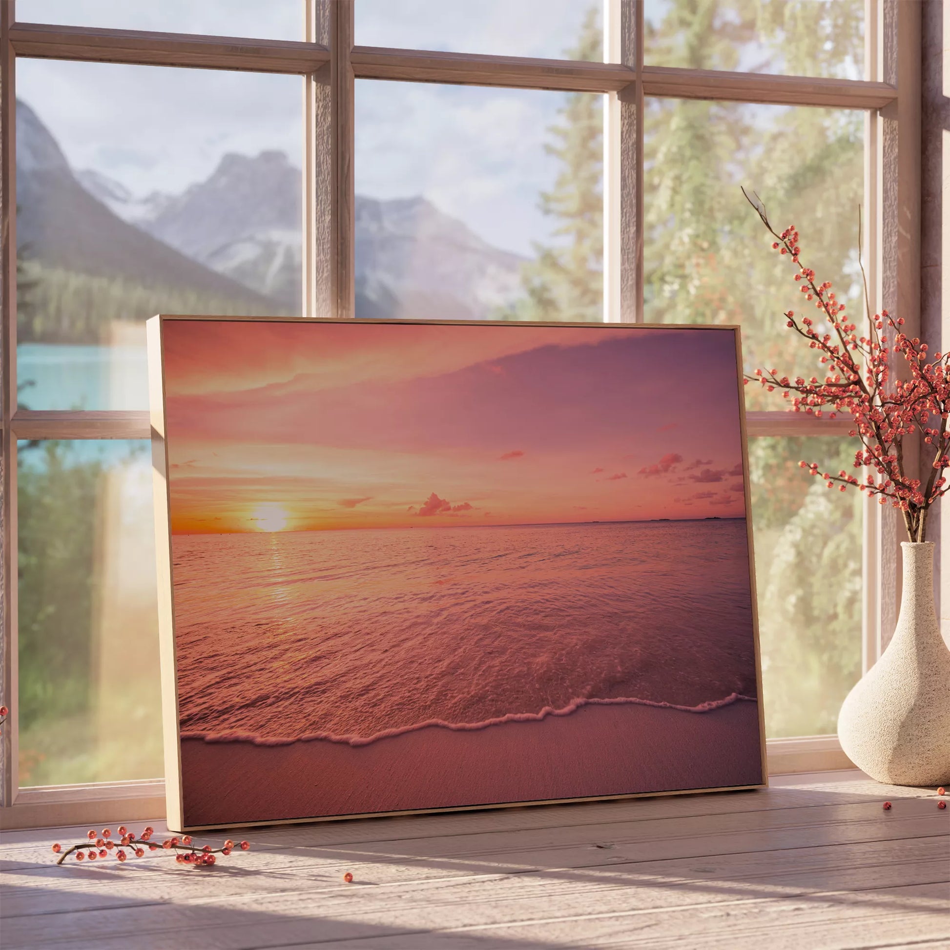 ピンク色の夕暮れ空と波打ち際の癒しの海景色