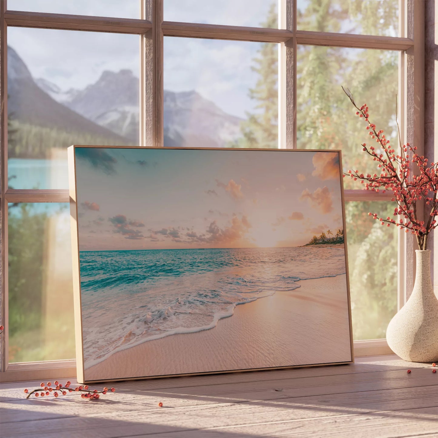 夕暮れのビーチで打ち寄せる波とエメラルドグリーンの海の風景