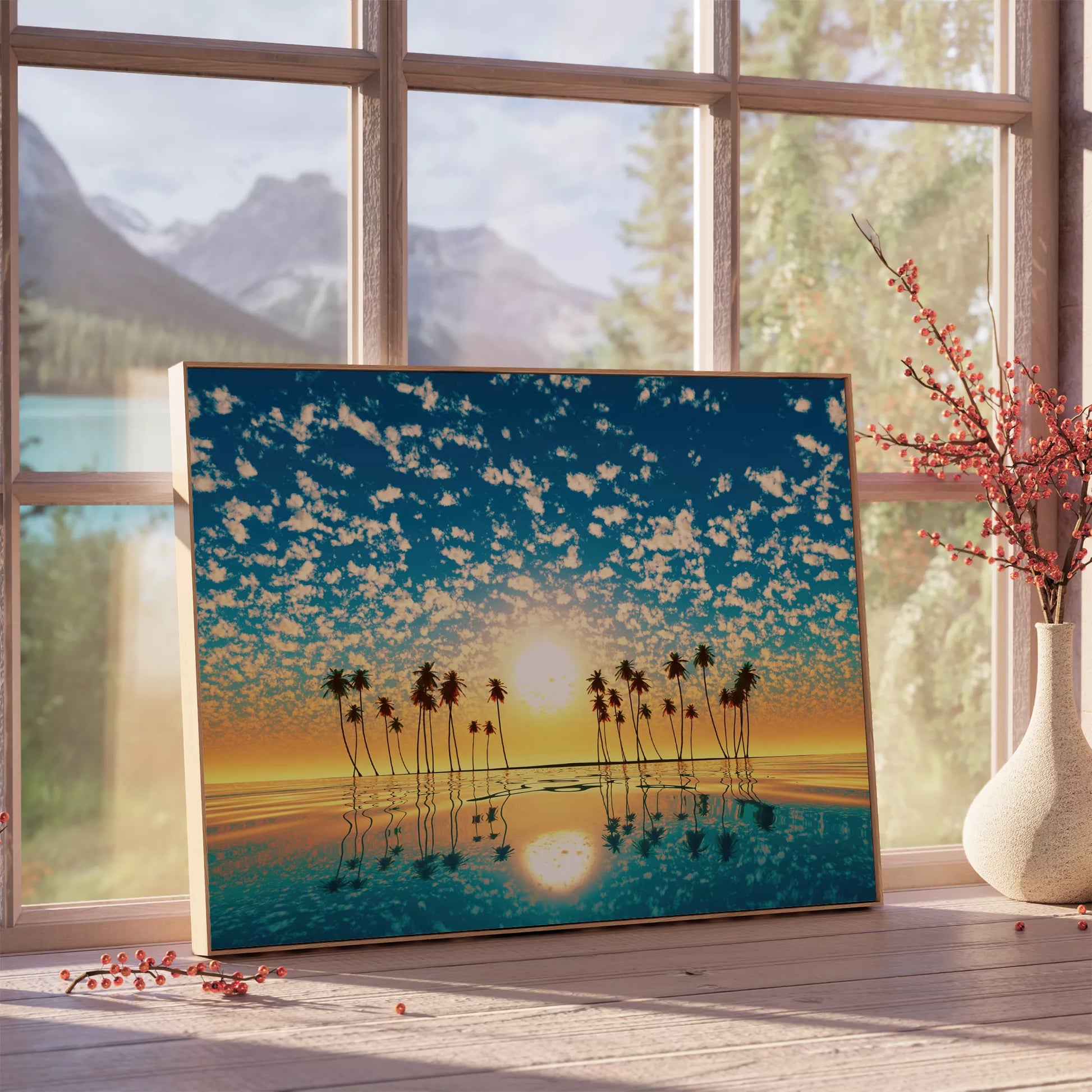 黄金色の夕日とヤシの木のシルエット、青空に広がる雲の反射風景