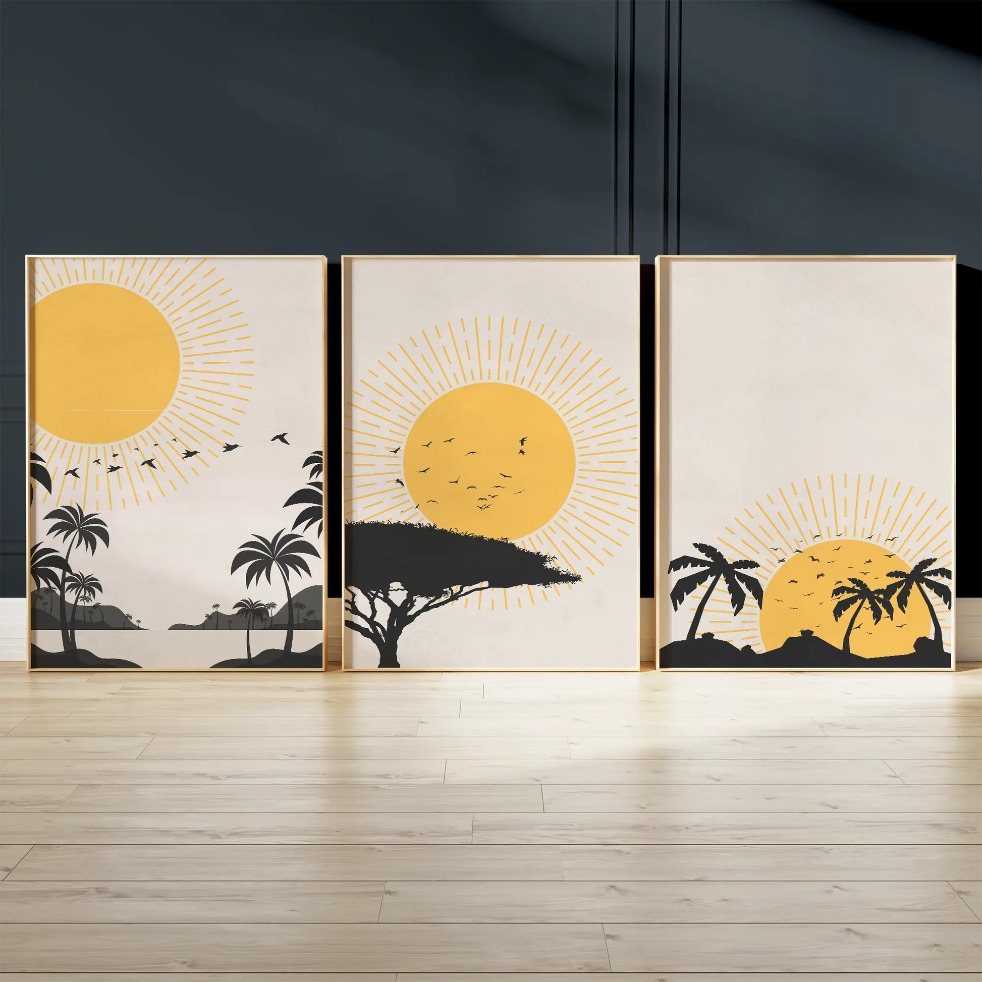 トロピカルサンセットとパームツリーのシルエットアートポスター 北欧モダンインテリア 3枚セット