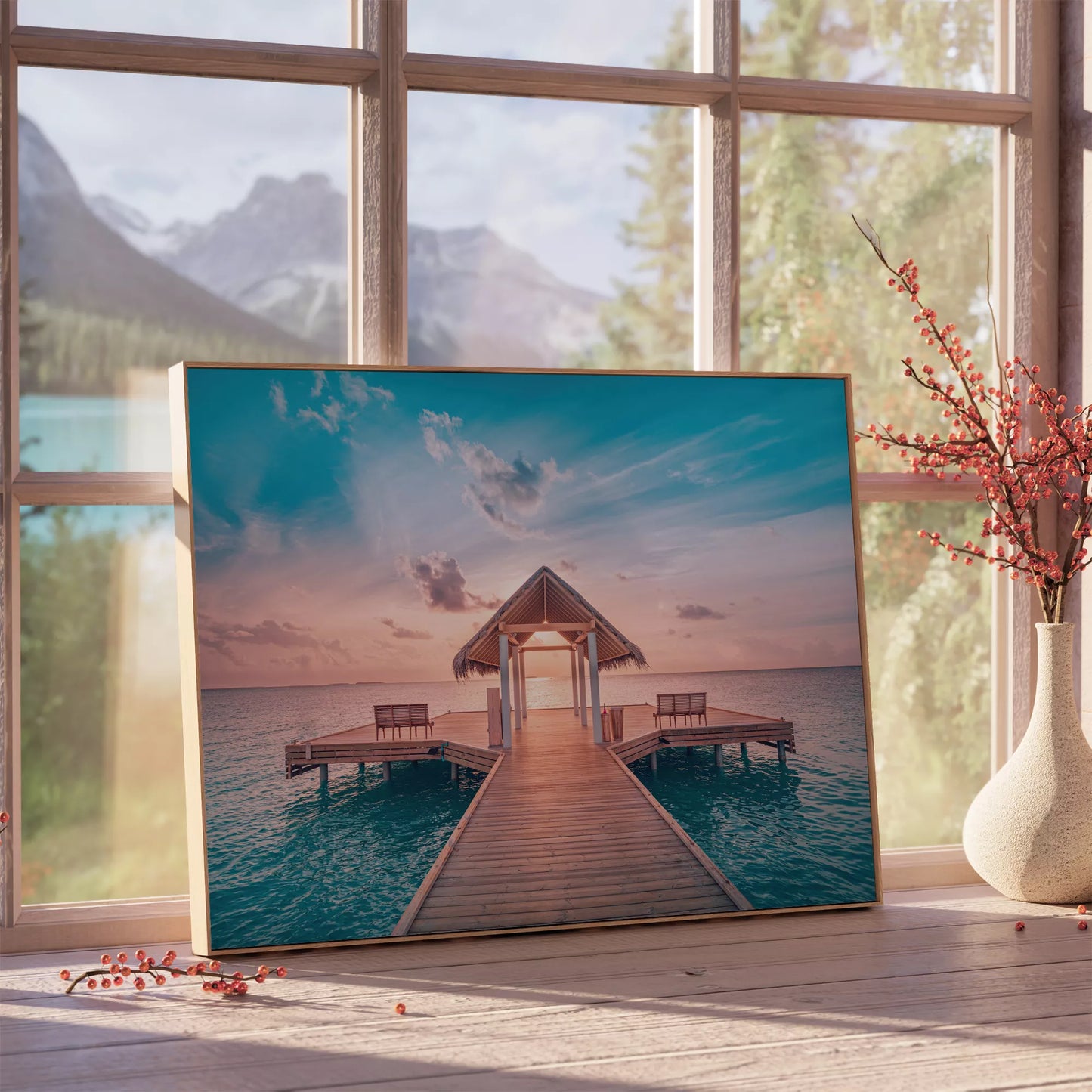 南国の桟橋から見る夕日と青い海のトロピカル風景