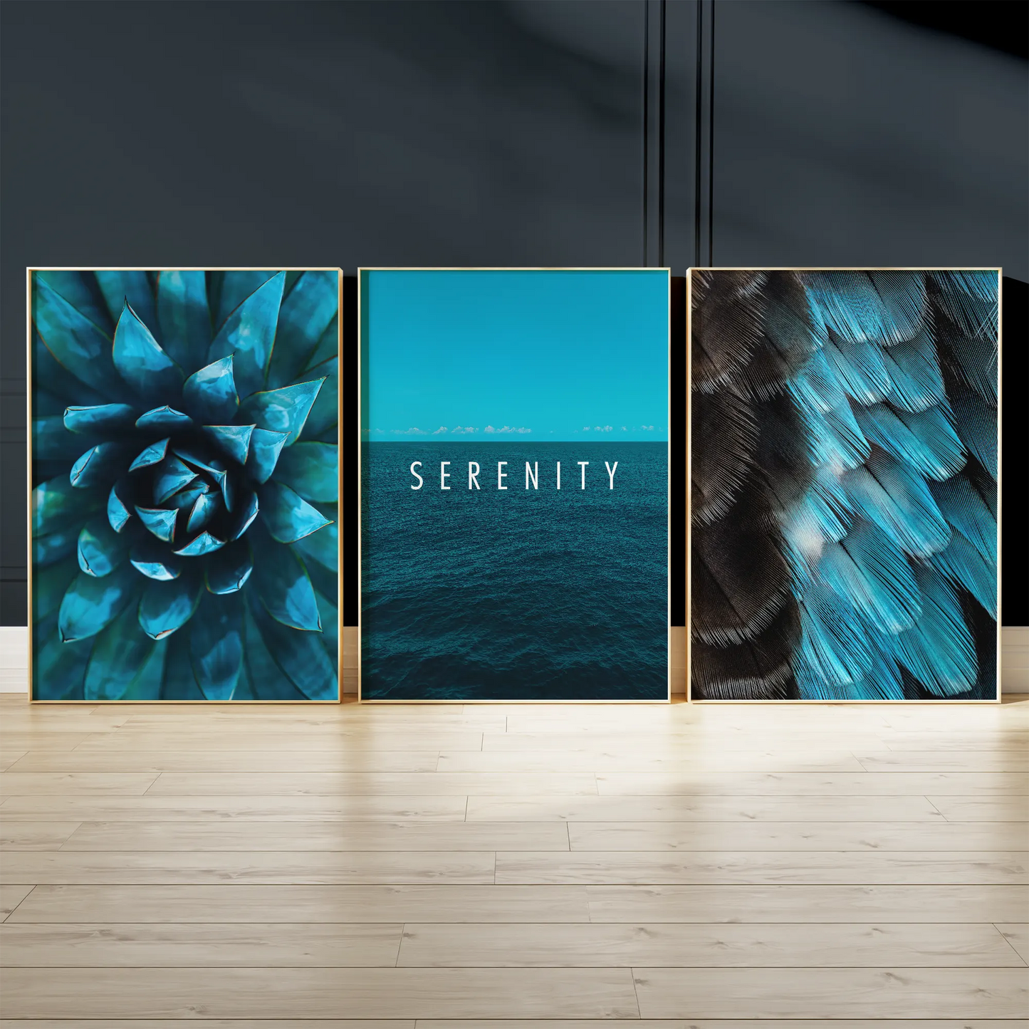 ターコイズ多肉・SERENITY海・ブルーフェザーの抽象アートポスター 3枚セット