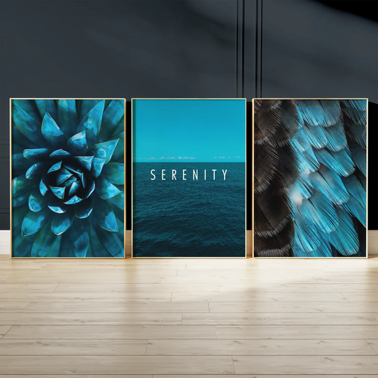 ターコイズ多肉・SERENITY海・ブルーフェザーの抽象アートポスター 3枚セット