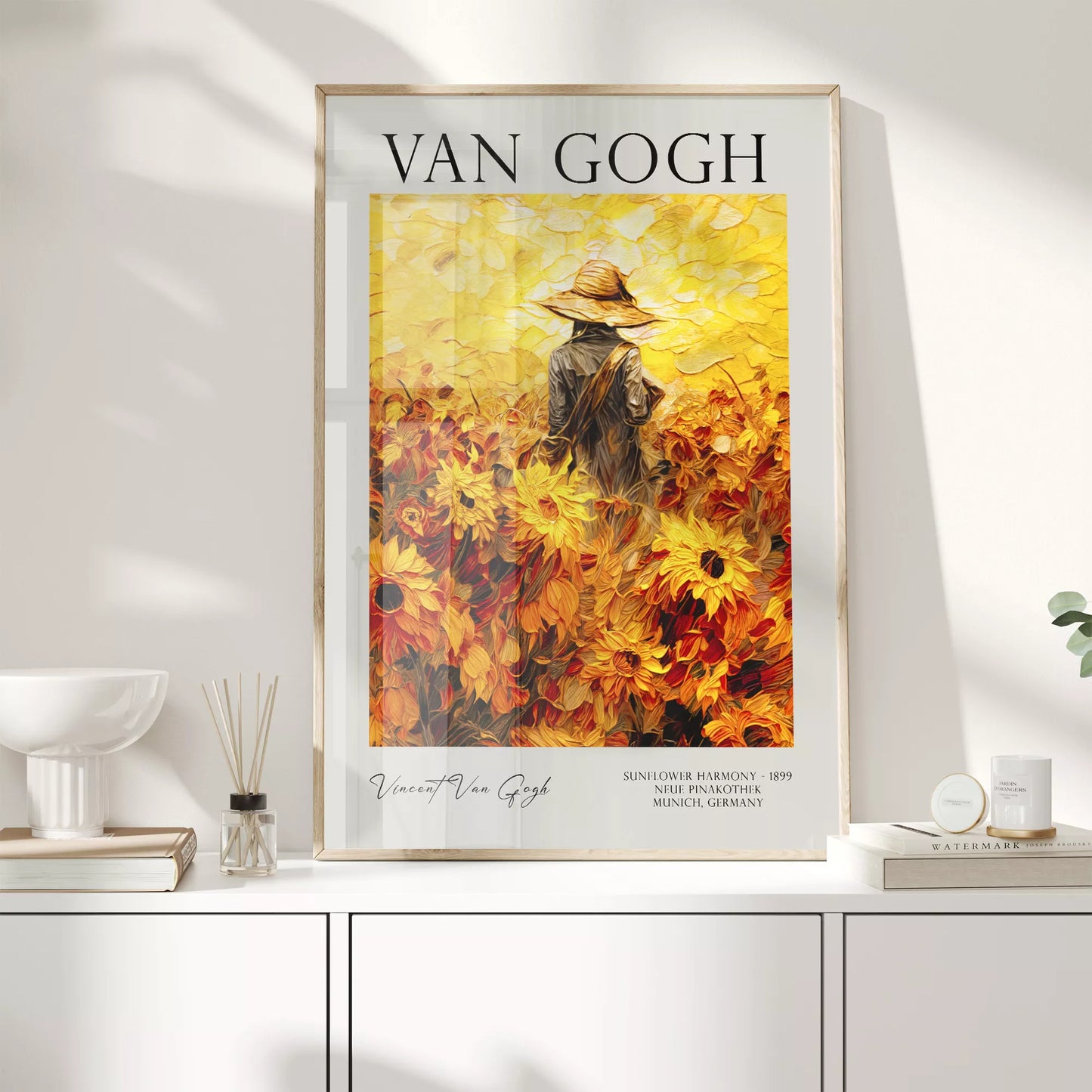 ひまわり畑の中で麦わら帽子をかぶった人物のゴッホ風アートポスター