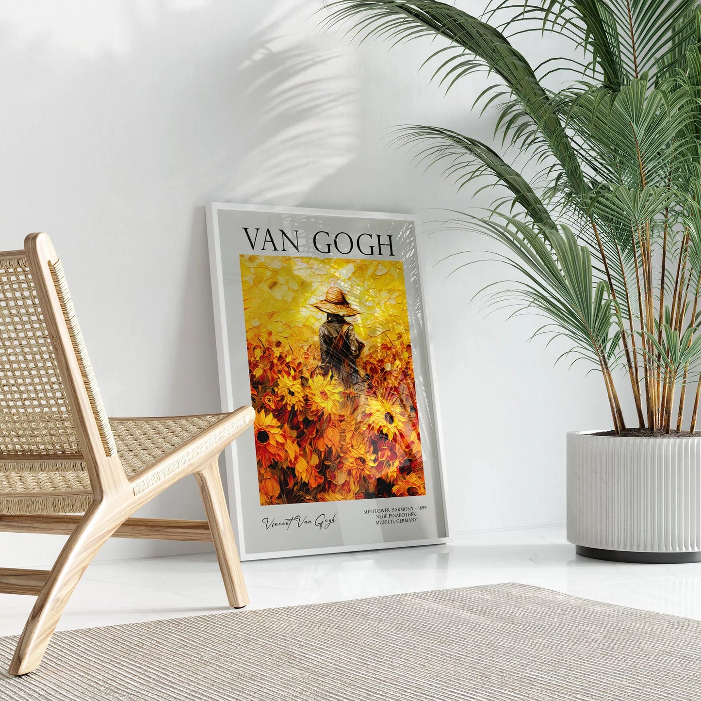 ひまわり畑の中で麦わら帽子をかぶった人物のゴッホ風アートポスター