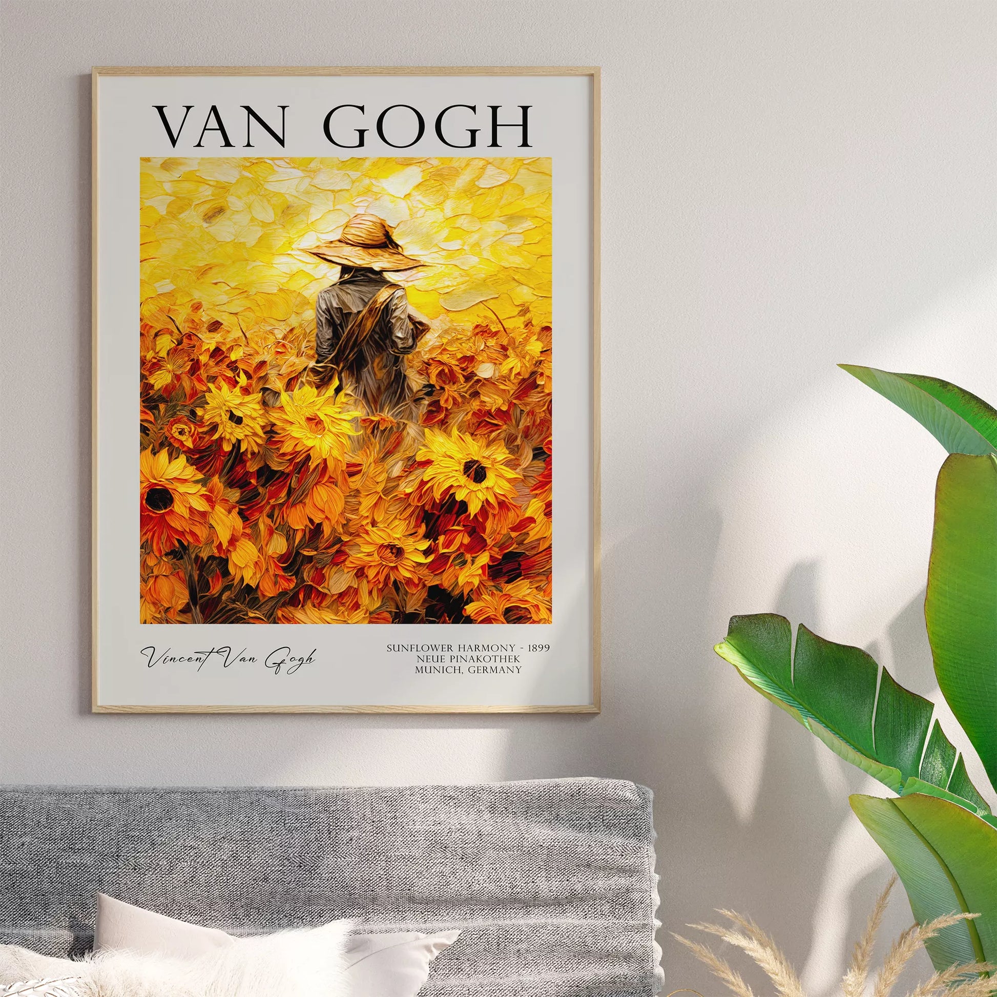 ひまわり畑の中で麦わら帽子をかぶった人物のゴッホ風アートポスター
