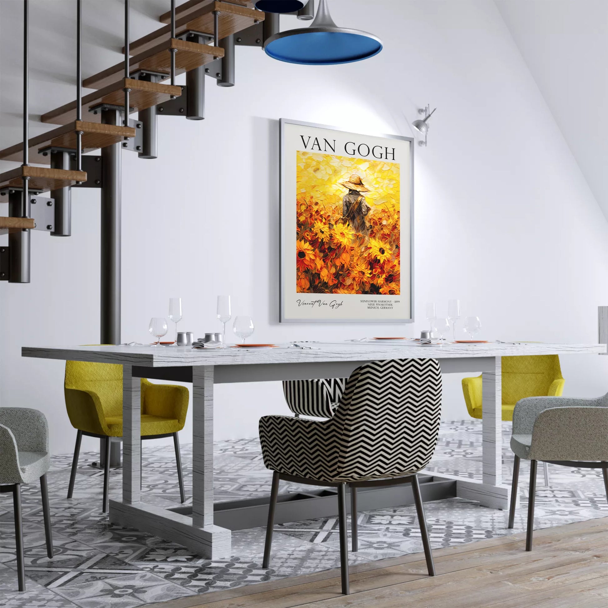 ひまわり畑の中で麦わら帽子をかぶった人物のゴッホ風アートポスター