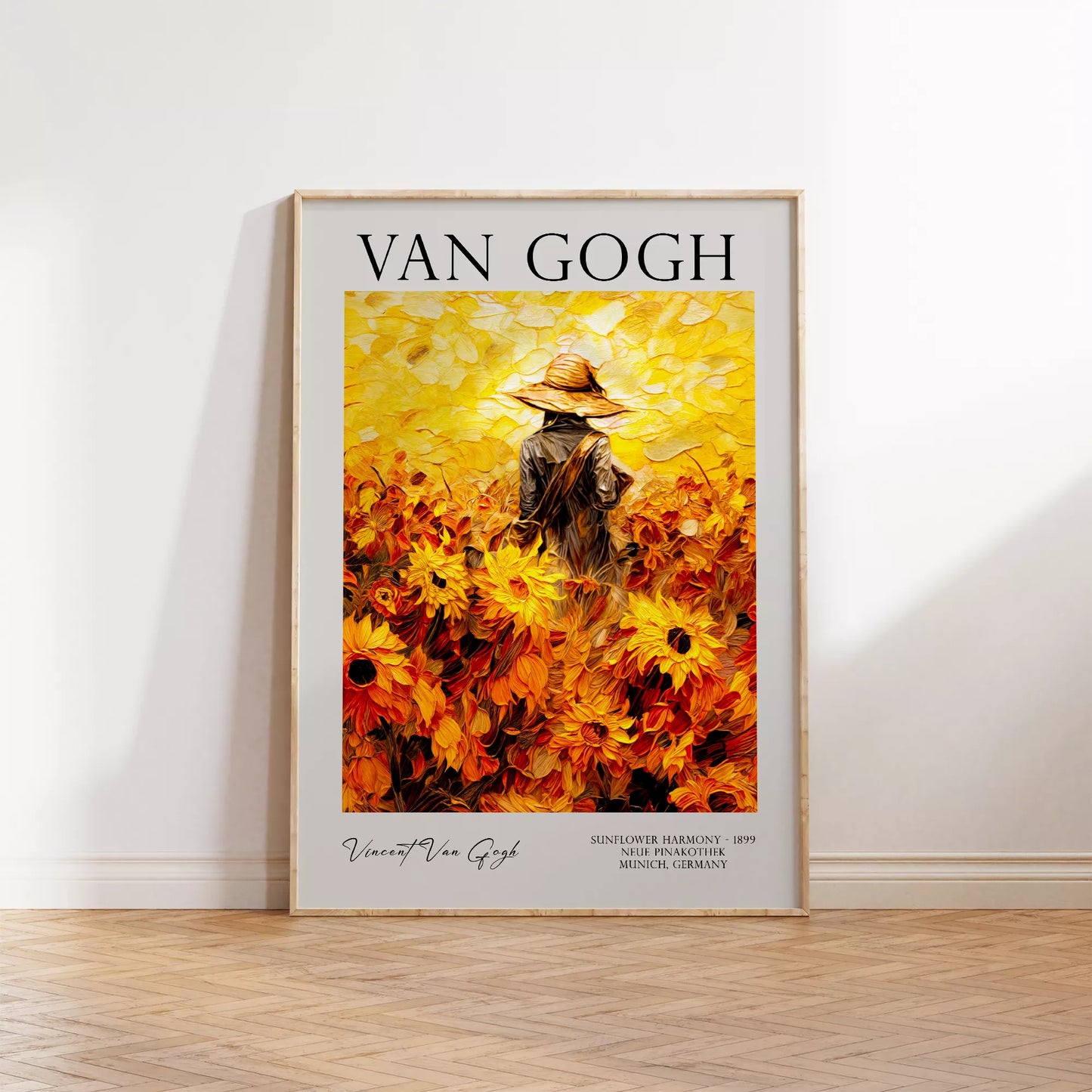 ひまわり畑の中で麦わら帽子をかぶった人物のゴッホ風アートポスター