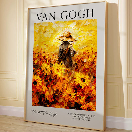 ひまわり畑の中で麦わら帽子をかぶった人物のゴッホ風アートポスター