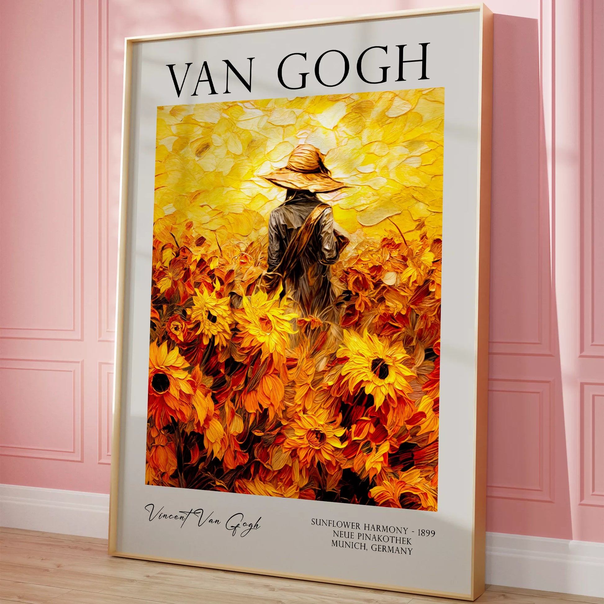 ひまわり畑の中で麦わら帽子をかぶった人物のゴッホ風アートポスター