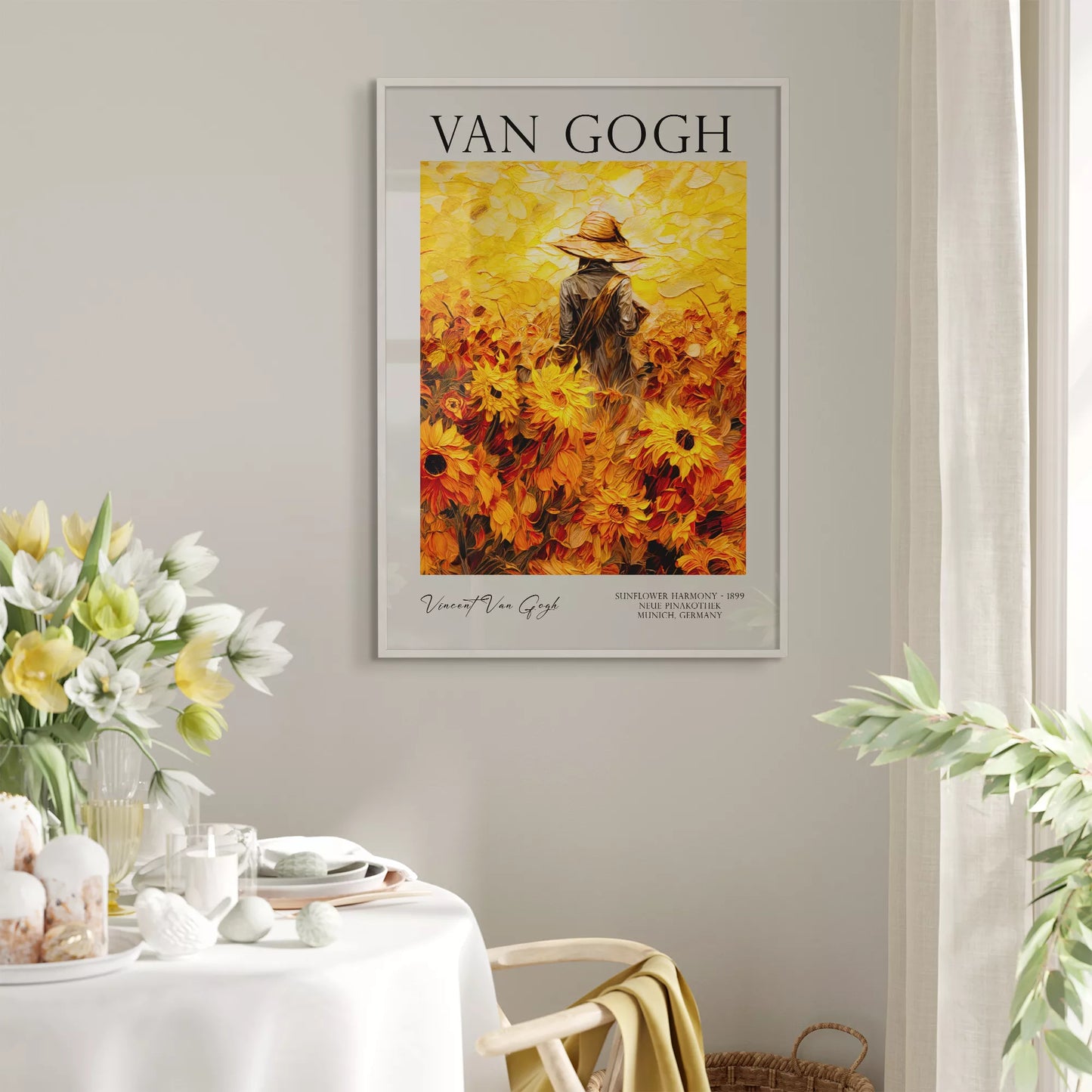 ひまわり畑の中で麦わら帽子をかぶった人物のゴッホ風アートポスター