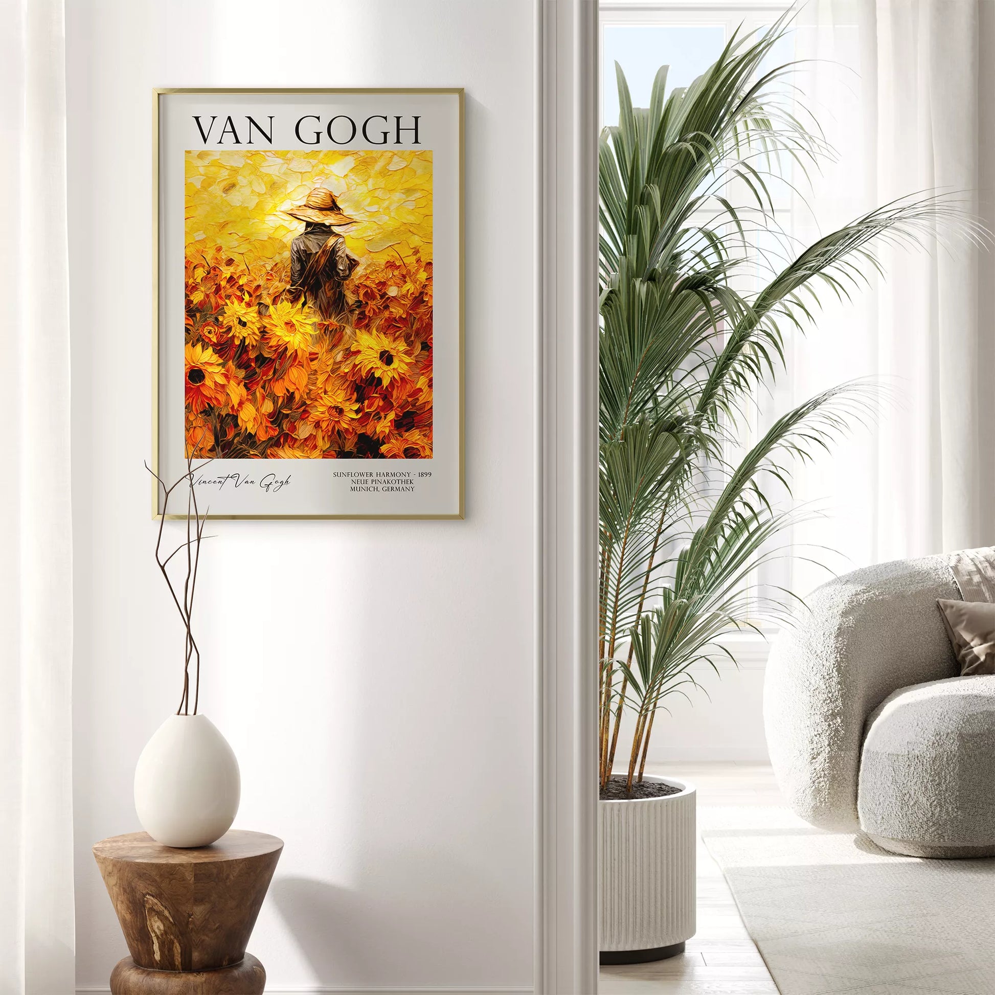 ひまわり畑の中で麦わら帽子をかぶった人物のゴッホ風アートポスター