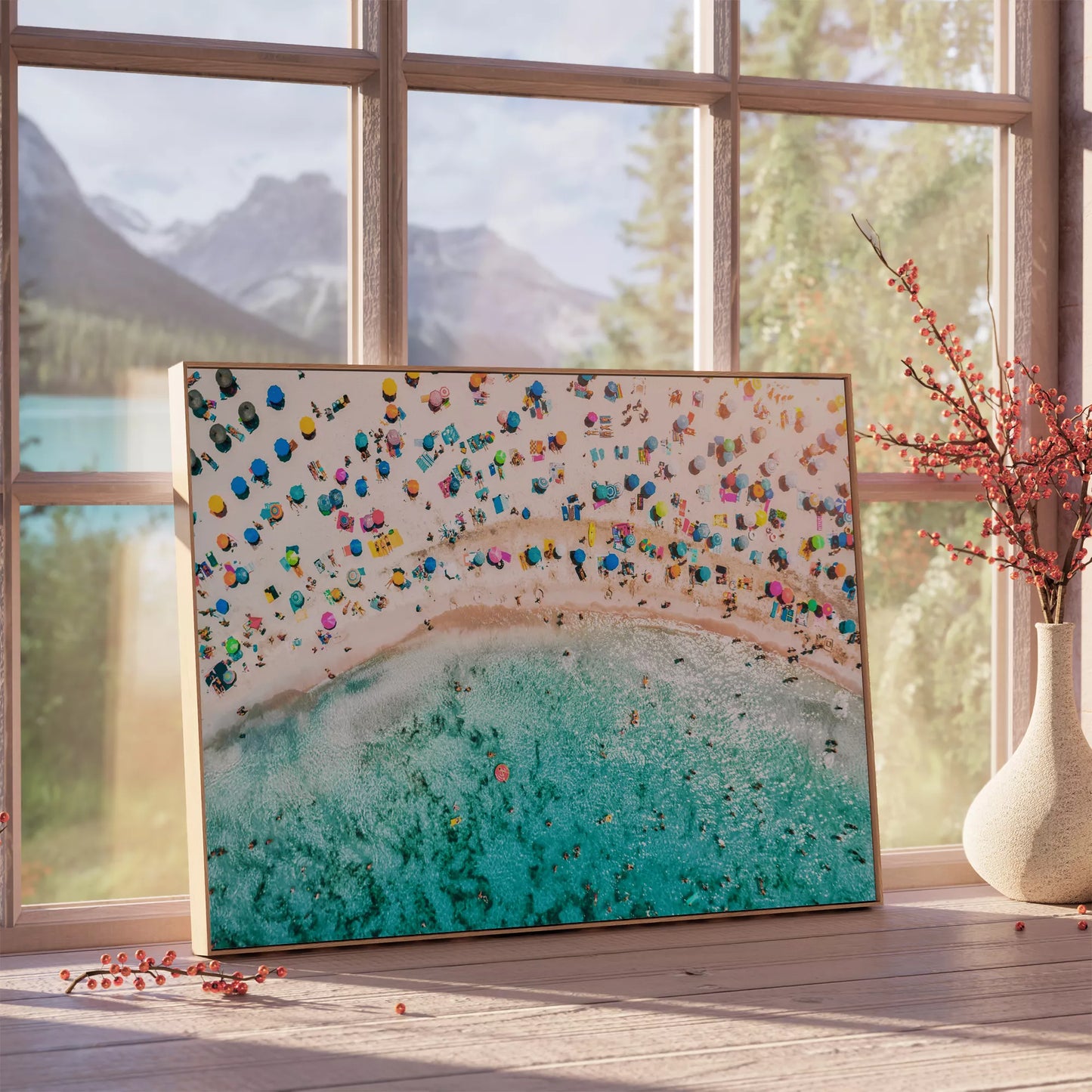 鮮やかな青い海とカラフルなパラソルが広がるビーチの空撮風景