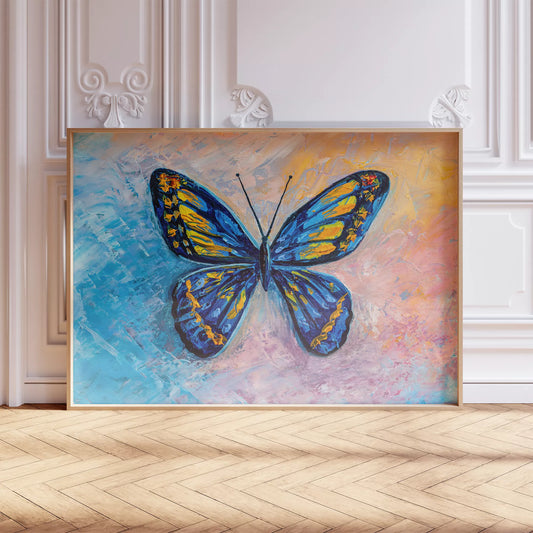 鮮やかな青と黄色の蝶が描かれた抽象的なアートプリント