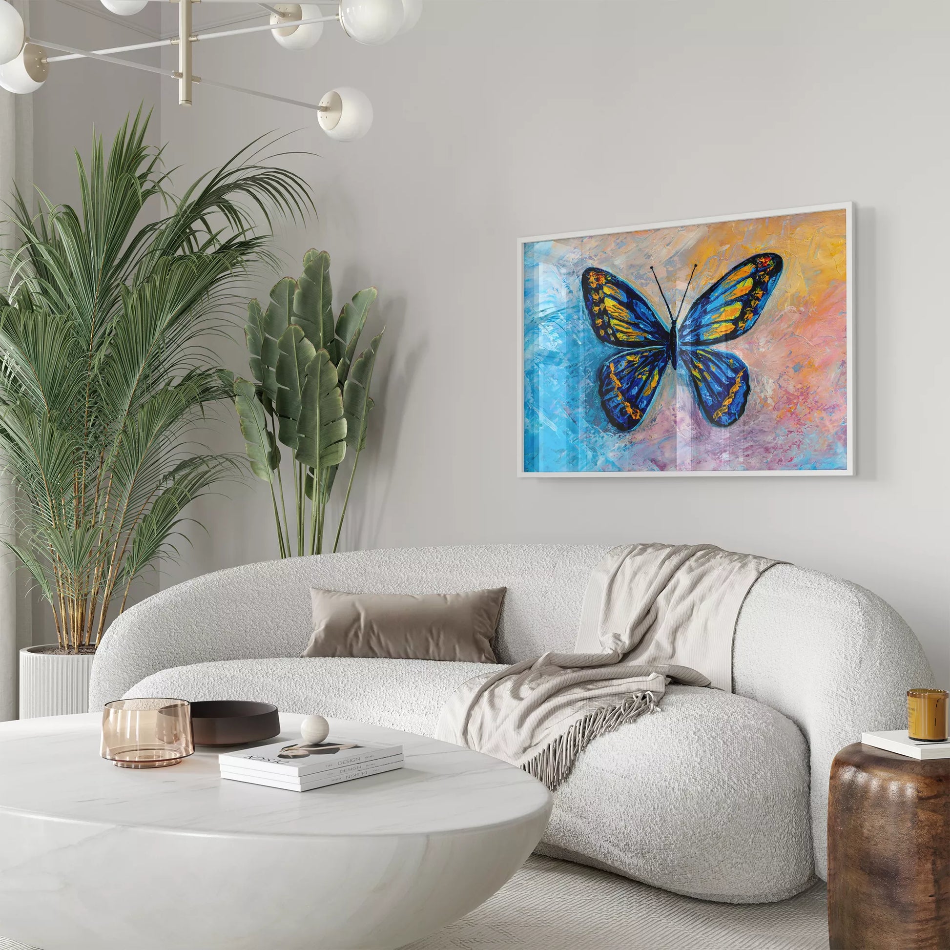 鮮やかな青と黄色の蝶が描かれた抽象的なアートプリント