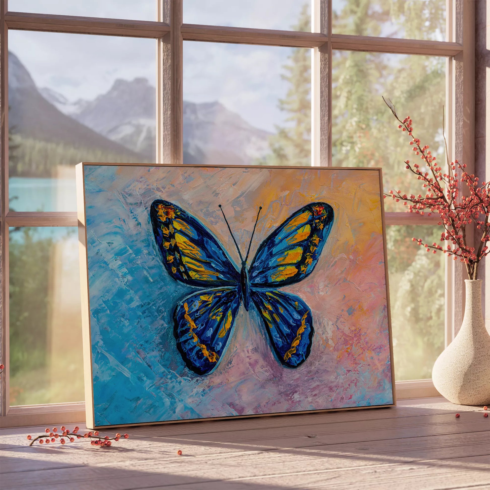 鮮やかな青と黄色の蝶が描かれた抽象的なアートプリント