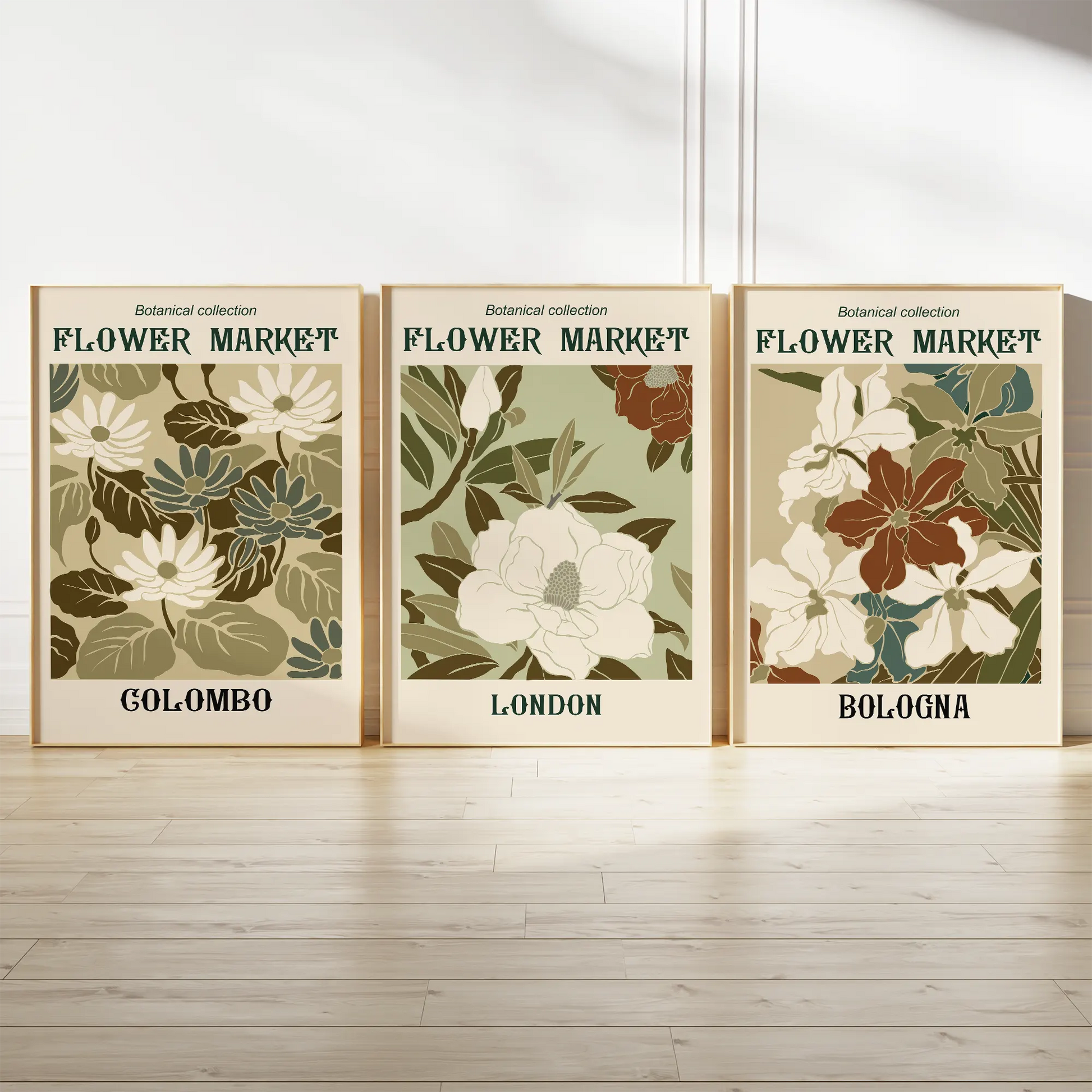 ヴィンテージボタニカルのグリーン系フラワーマーケットアートポスター 3枚セット