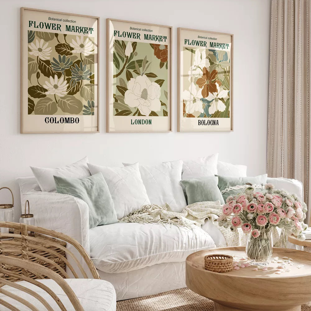レトロな雰囲気のボタニカルフラワーマーケットポスター3枚セット、アースカラー
