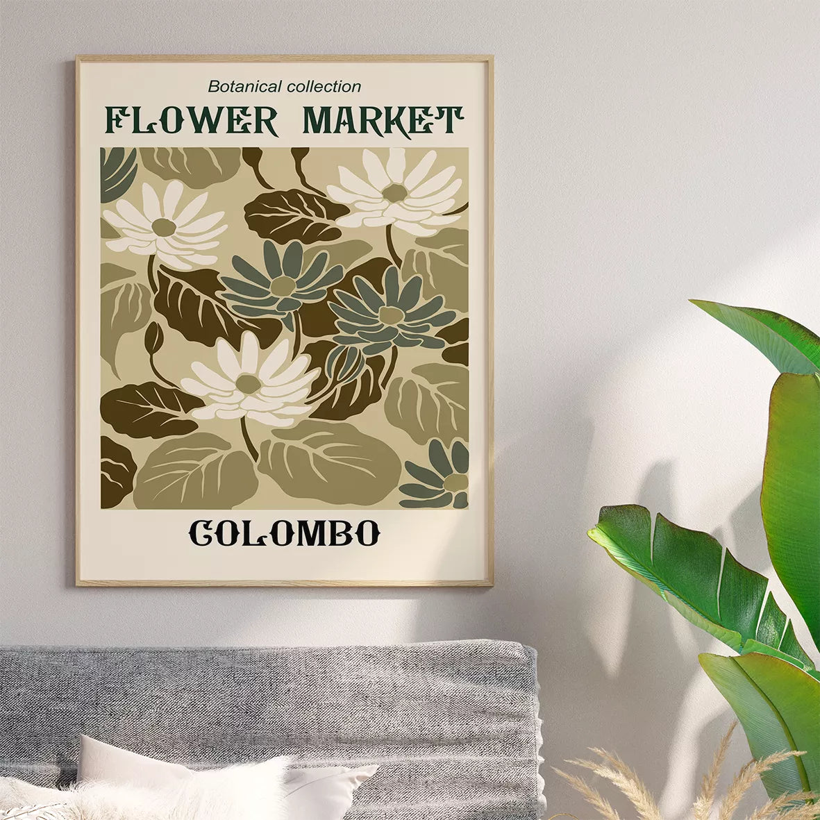 レトロな雰囲気のボタニカルフラワーマーケットポスター3枚セット、アースカラー