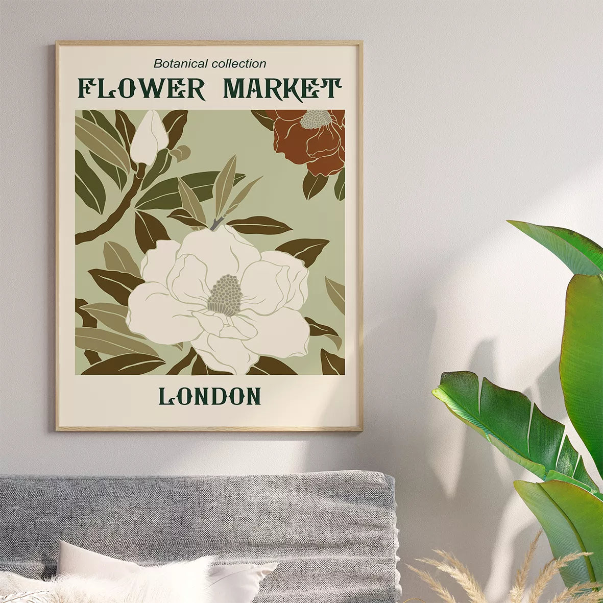レトロな雰囲気のボタニカルフラワーマーケットポスター3枚セット、アースカラー