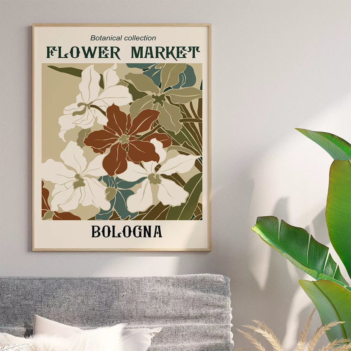 レトロな雰囲気のボタニカルフラワーマーケットポスター3枚セット、アースカラー