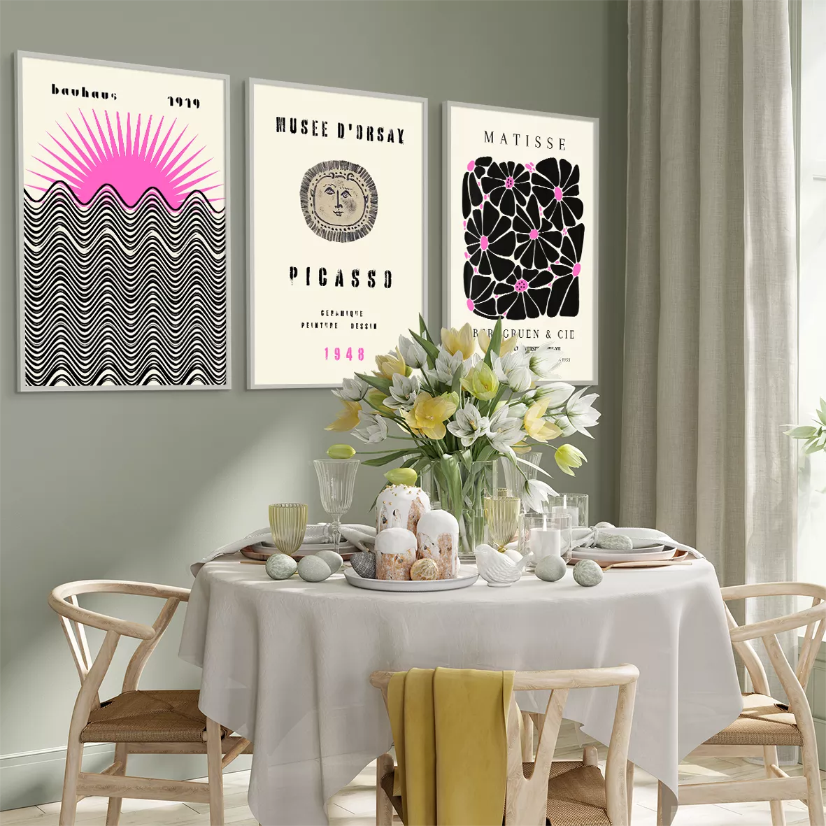 モダンアート展覧会ポスター3点セット、バウハウス、ピカソ、マティス、モノトーン