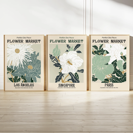 ヴィンテージ調フラワーマーケットボタニカルアートポスター 北欧モダン 3枚セット